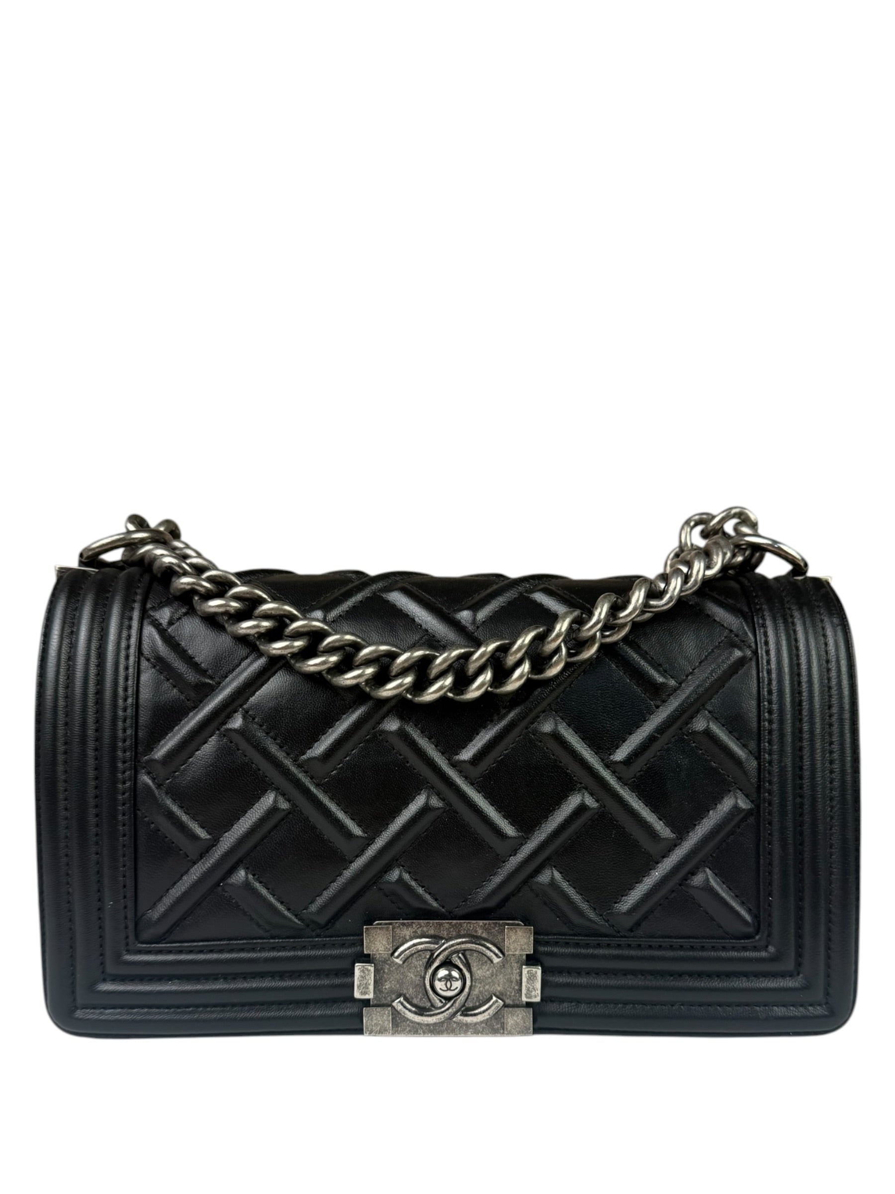 Chanel Black Leather Diamond Quilted Medium Boy Bag 2012