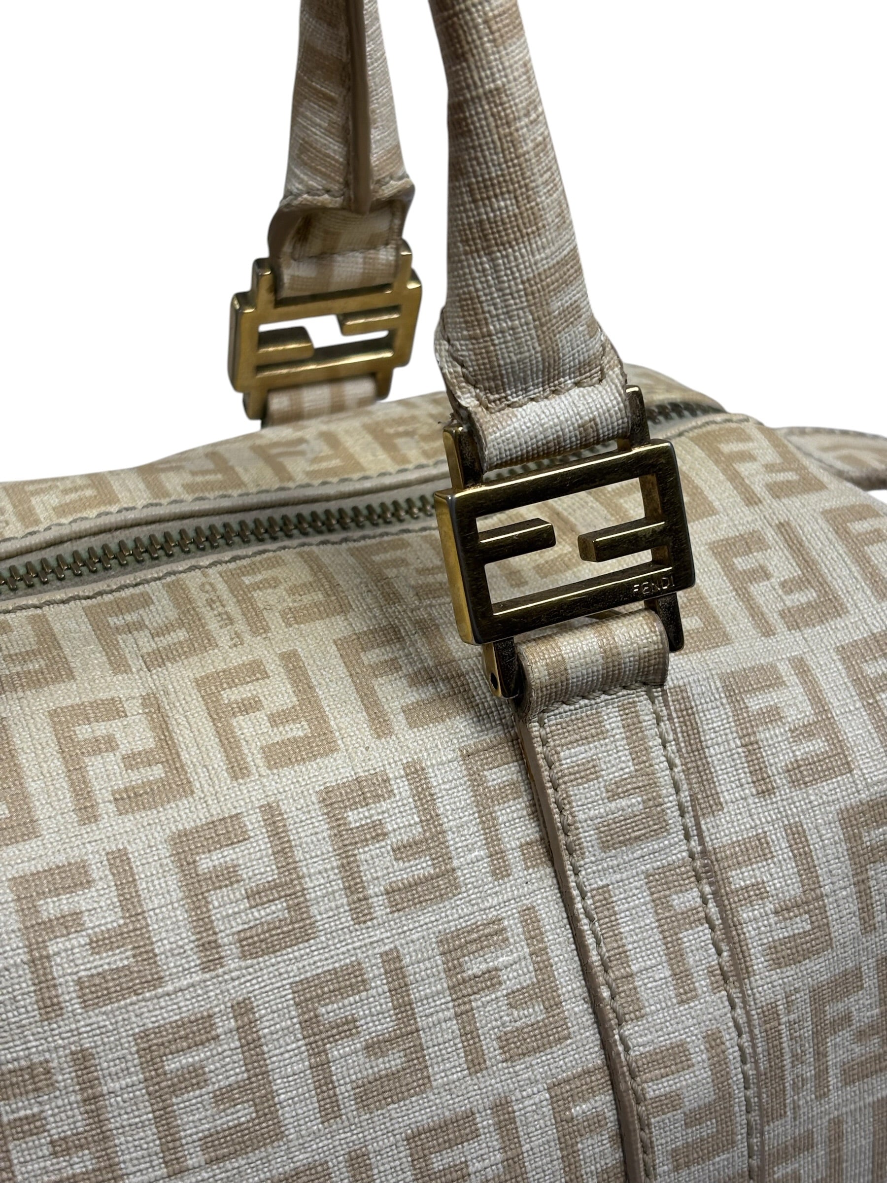 Fendi Beige Leather Trim Zucca Boston Bag