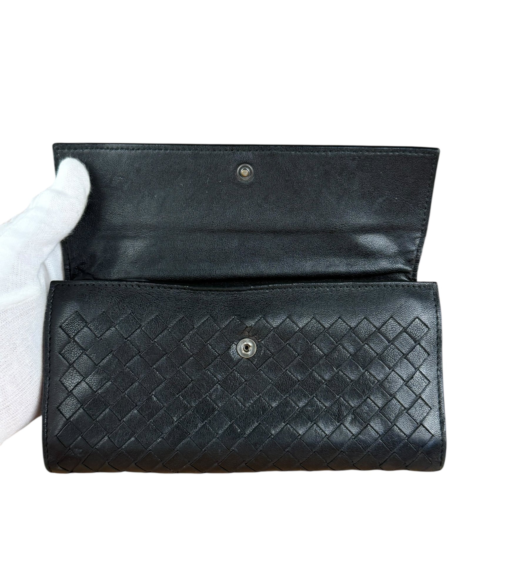 Bottega Veneta Black Leather Intreccio Long Wallet