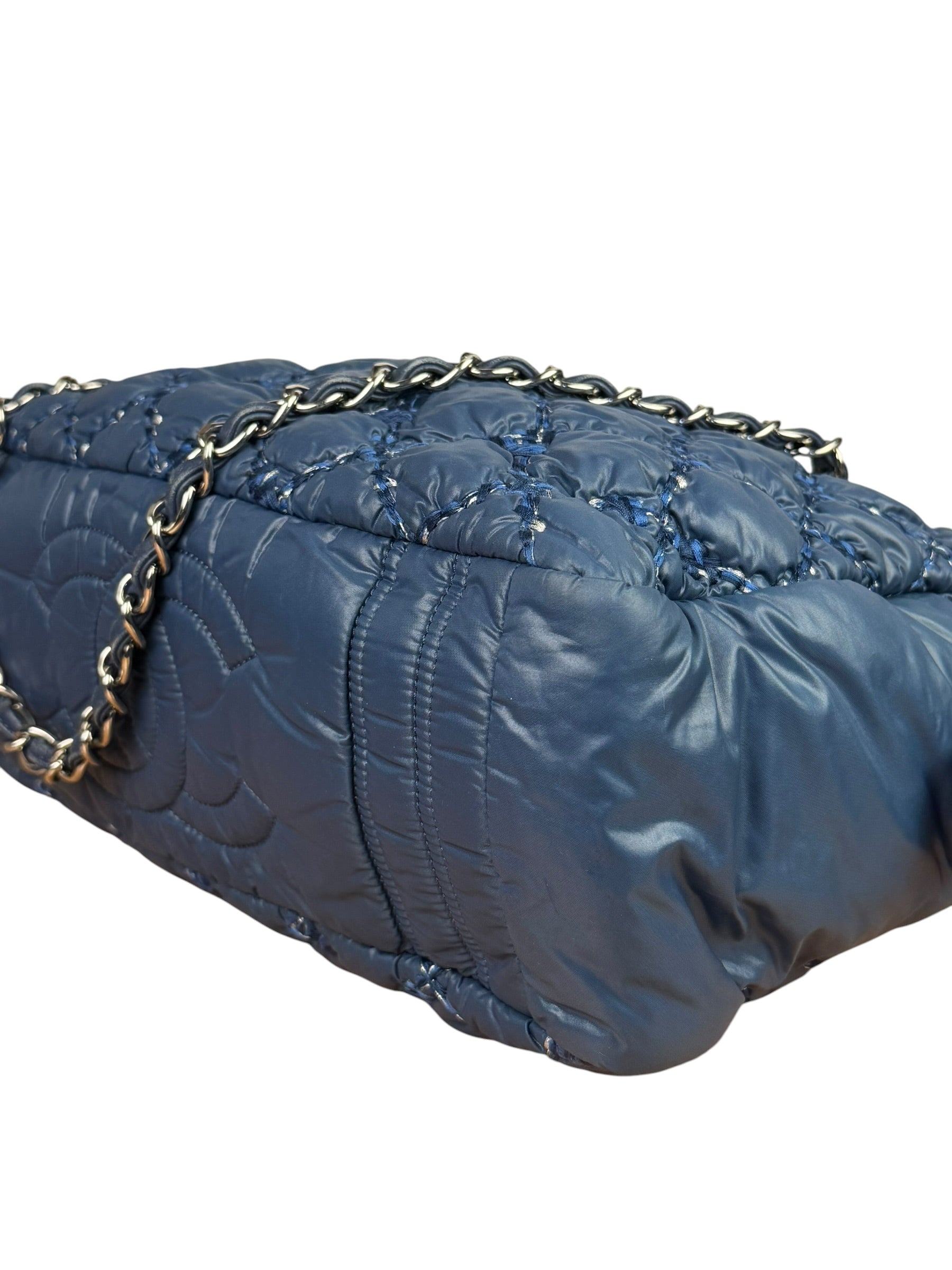 Chanel Blue Leather Trim/Nylon Tweed Stitch Puffer Chain Shoulder Bag 2010