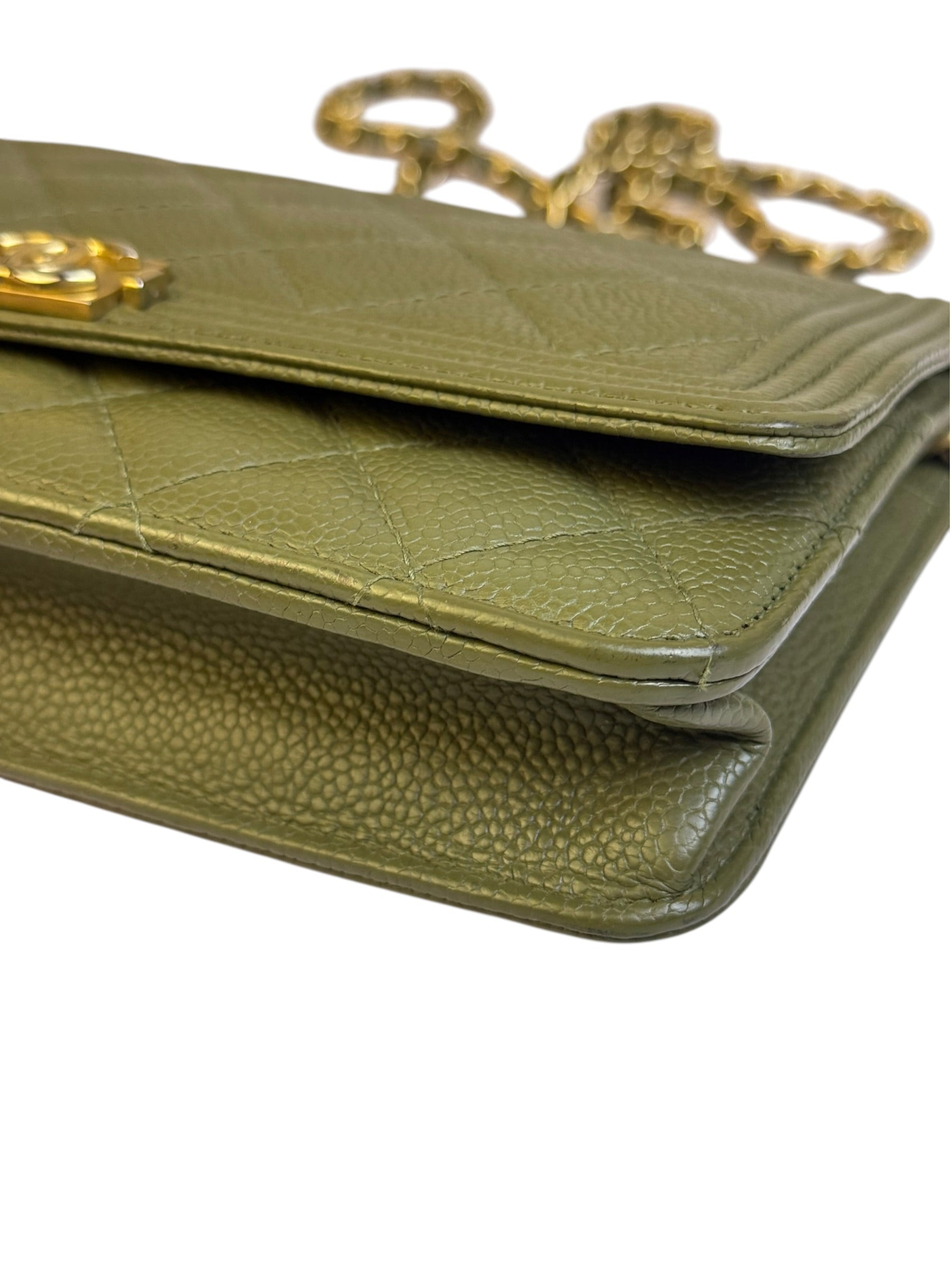 Chanel Olive Green Quilted Caviar Boy Flap Wallet On Chain 2017
