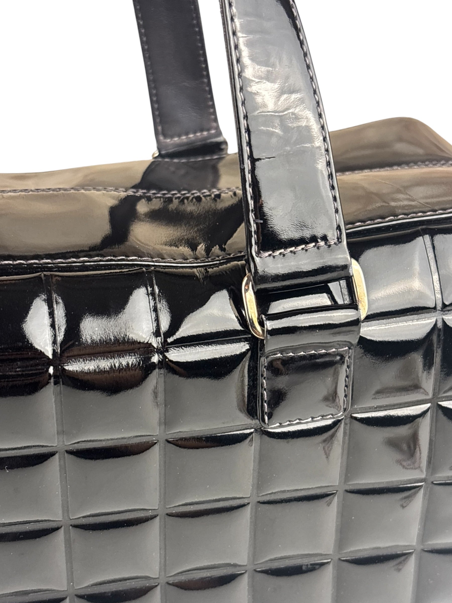 Chanel Black Leather Patent Chocolate Bar Bowler Hand Bag