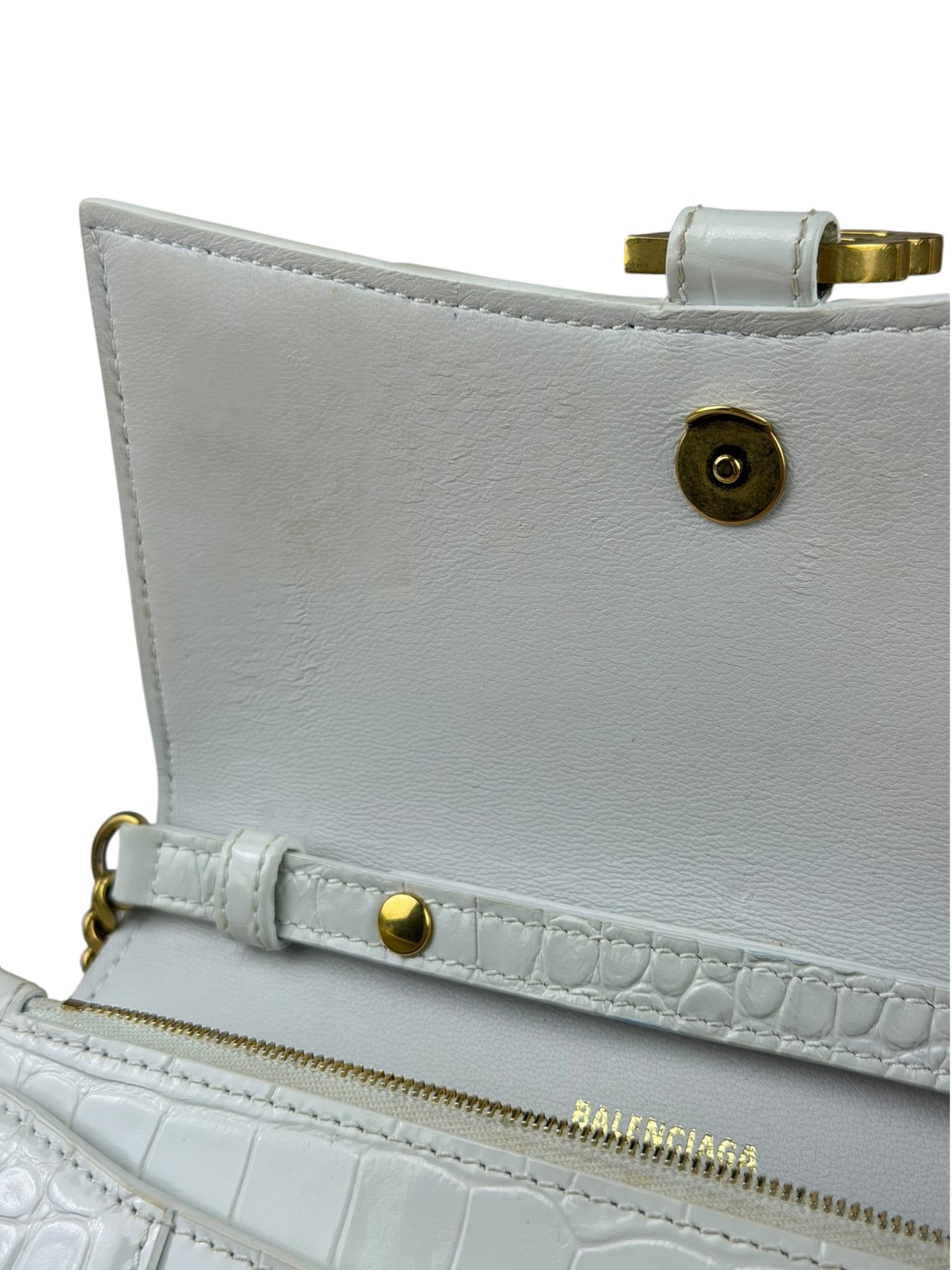 Balenciaga White Crocodile Embossed Hourglass Wallet On Chain