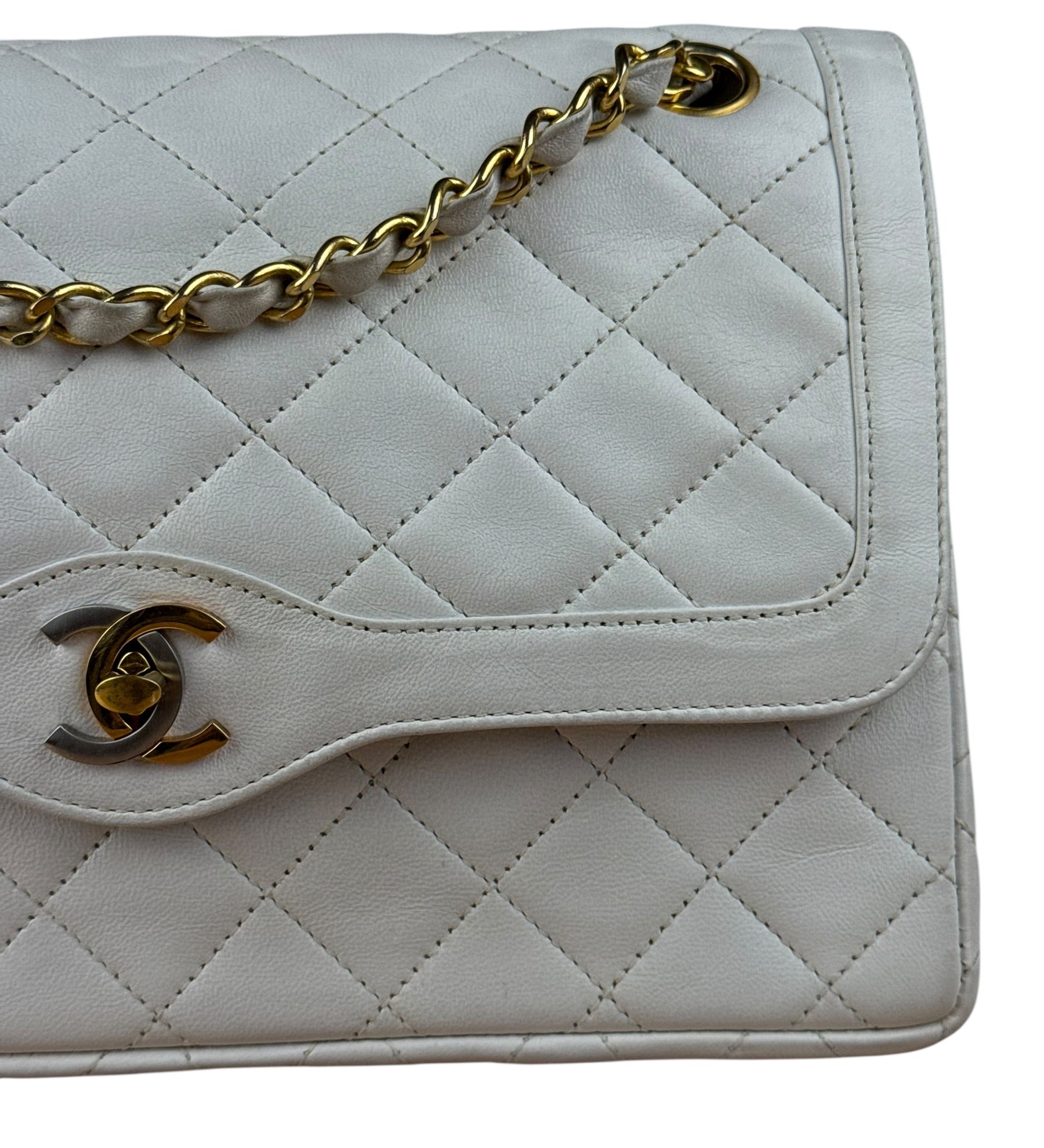 Chanel CC White Quilted Double Flap Bag 1988