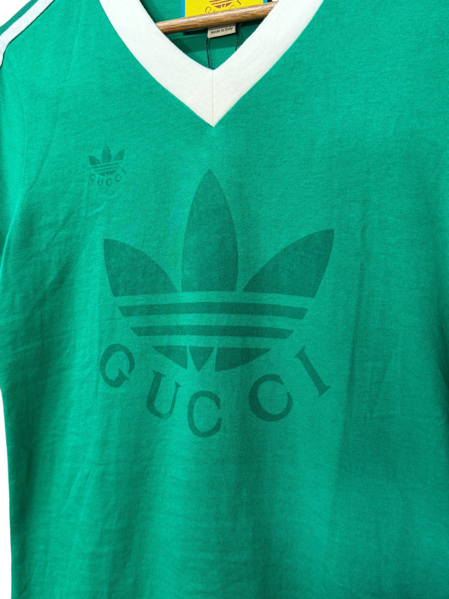 Gucci x Adidas Green Logo Print Jersey V-Neck T-Shirt