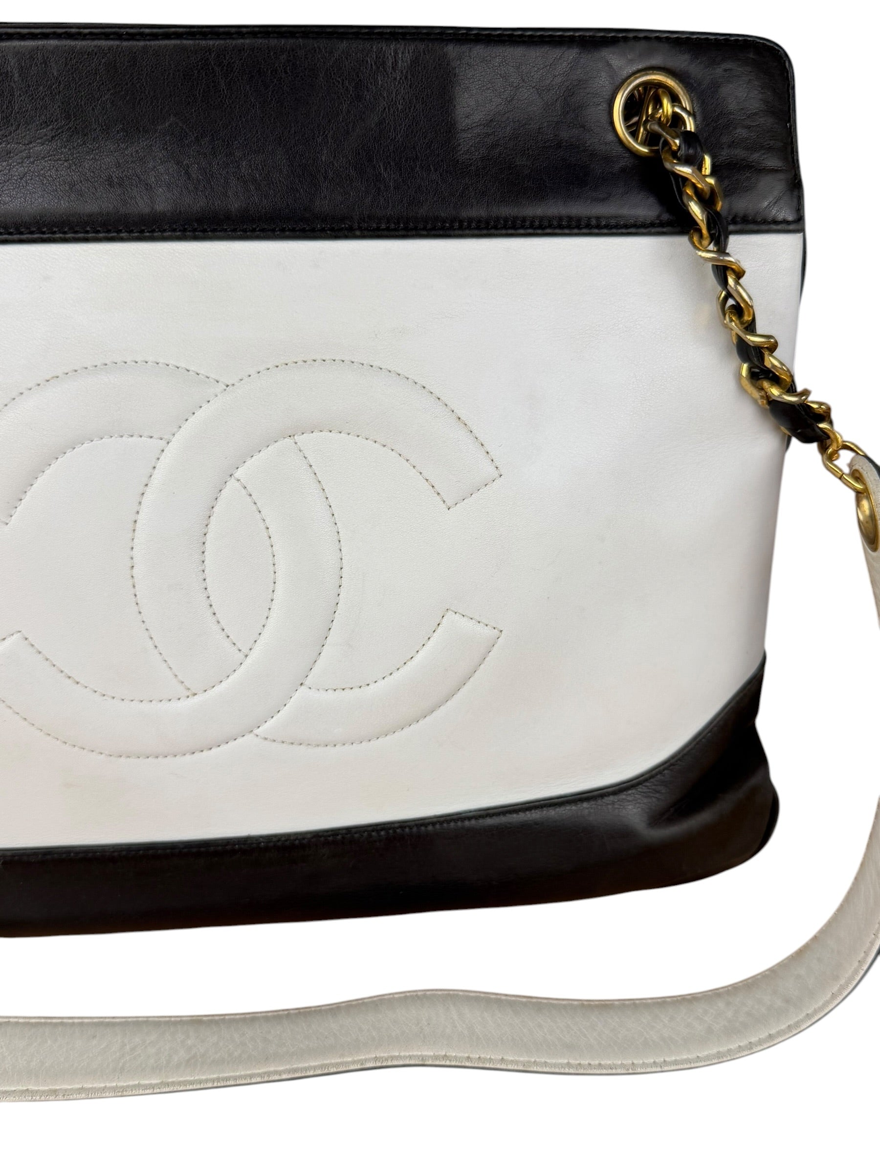Chanel Vintage Black/White Leather CC Chain Tote '89-'91