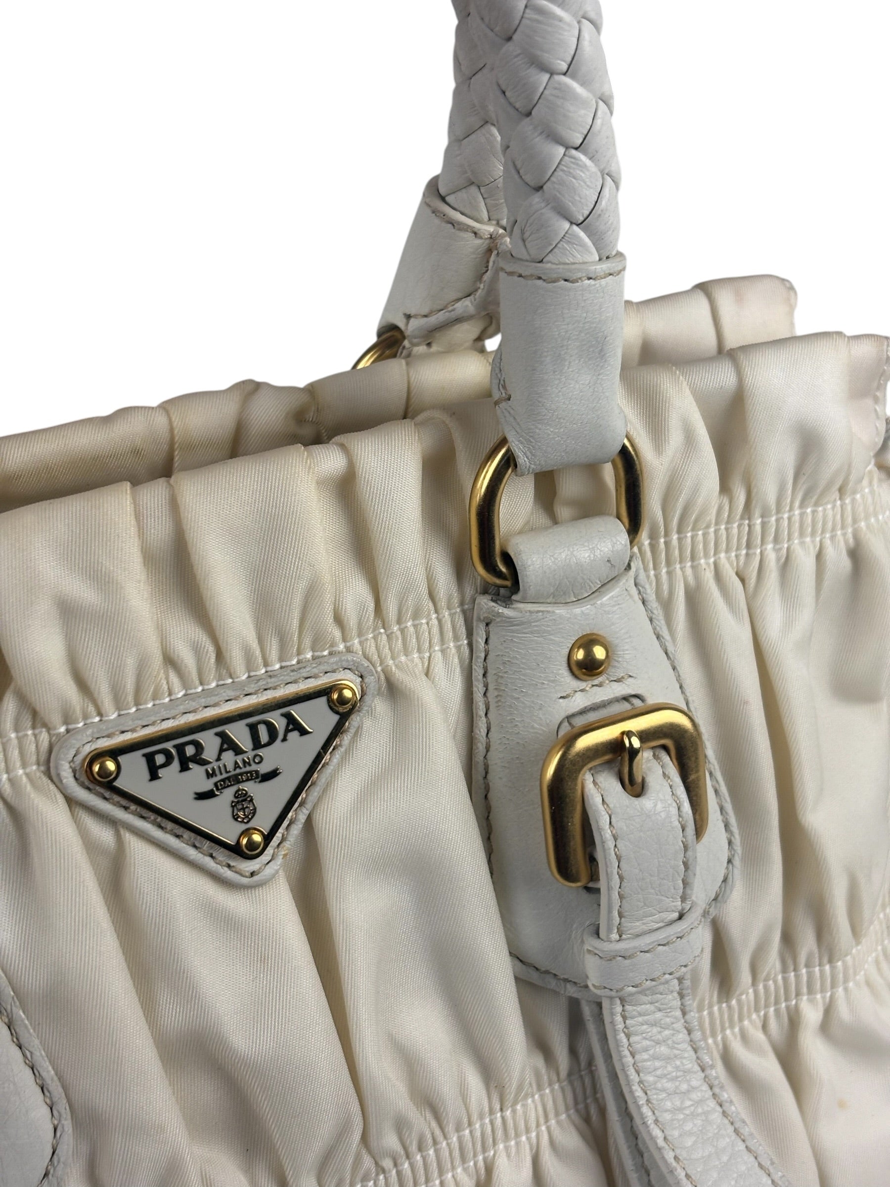 Prada Y2K Ivory Gaufre Nylon Woven Leather 2Way Mini Handbag