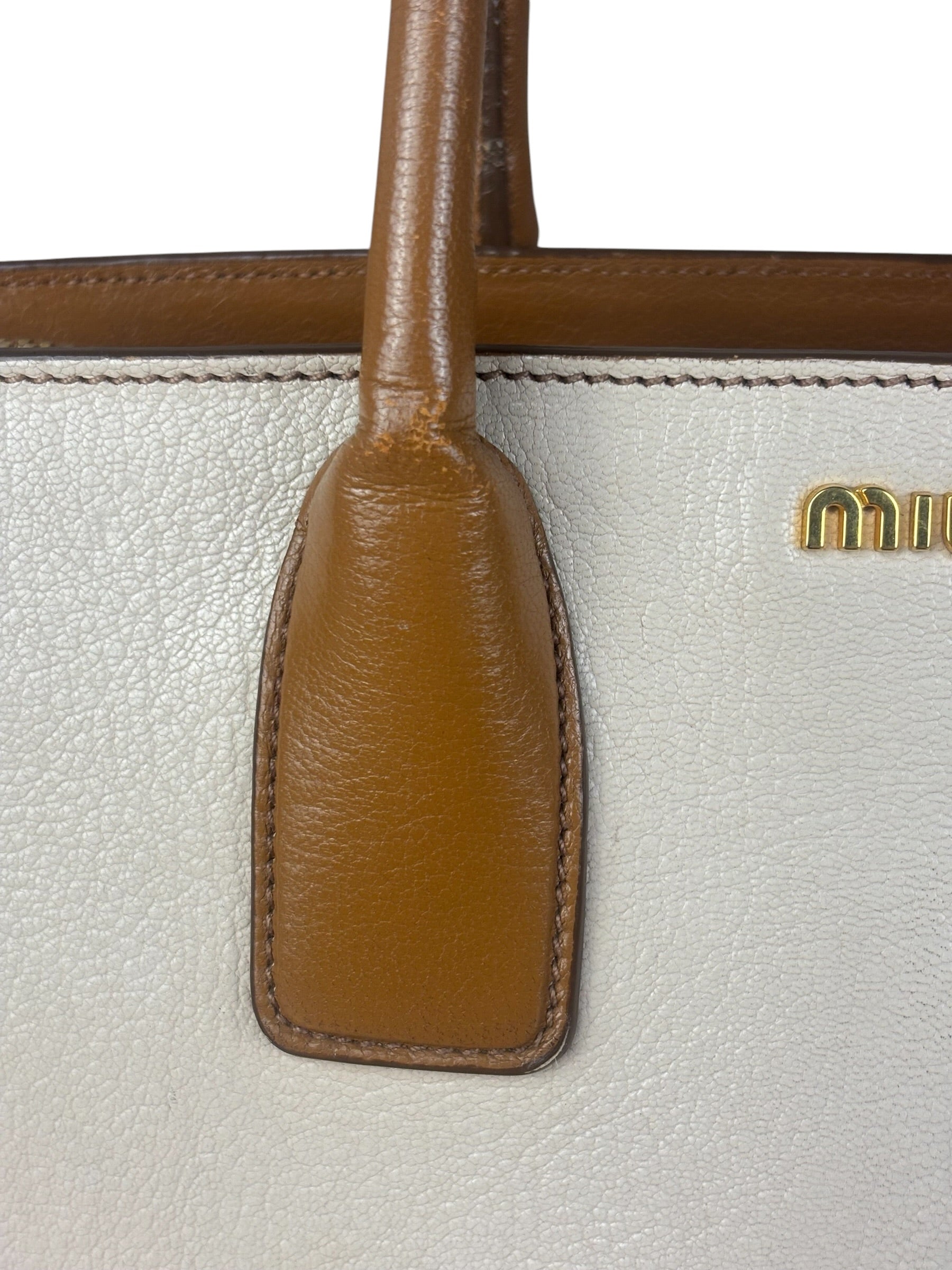 Miu Miu Beige/Brown Bicolor Leather Madras Handbag
