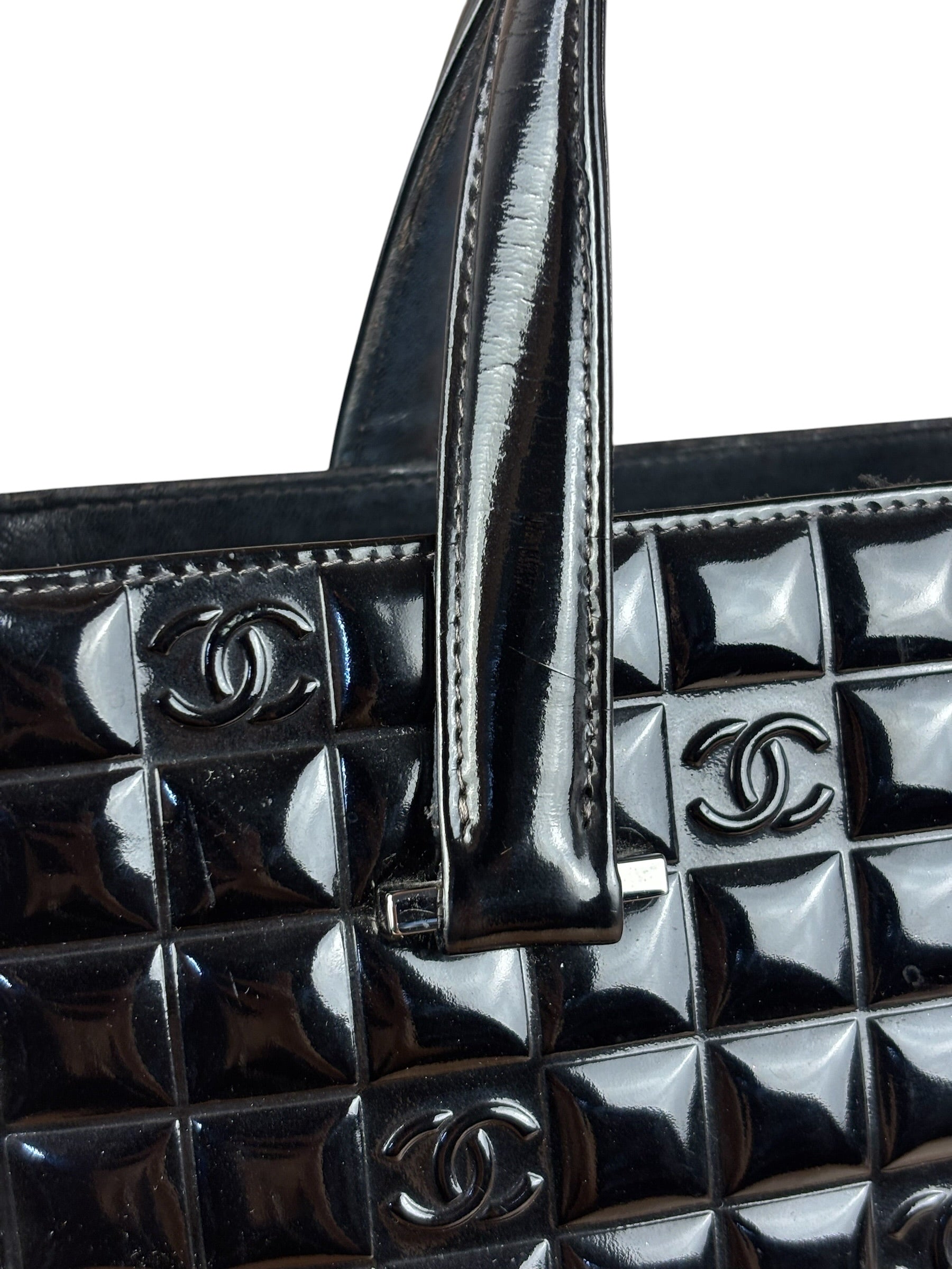 Chanel Vintage Black Patent Leather Chocolate Bar Pyramidal Tote Bag 2002