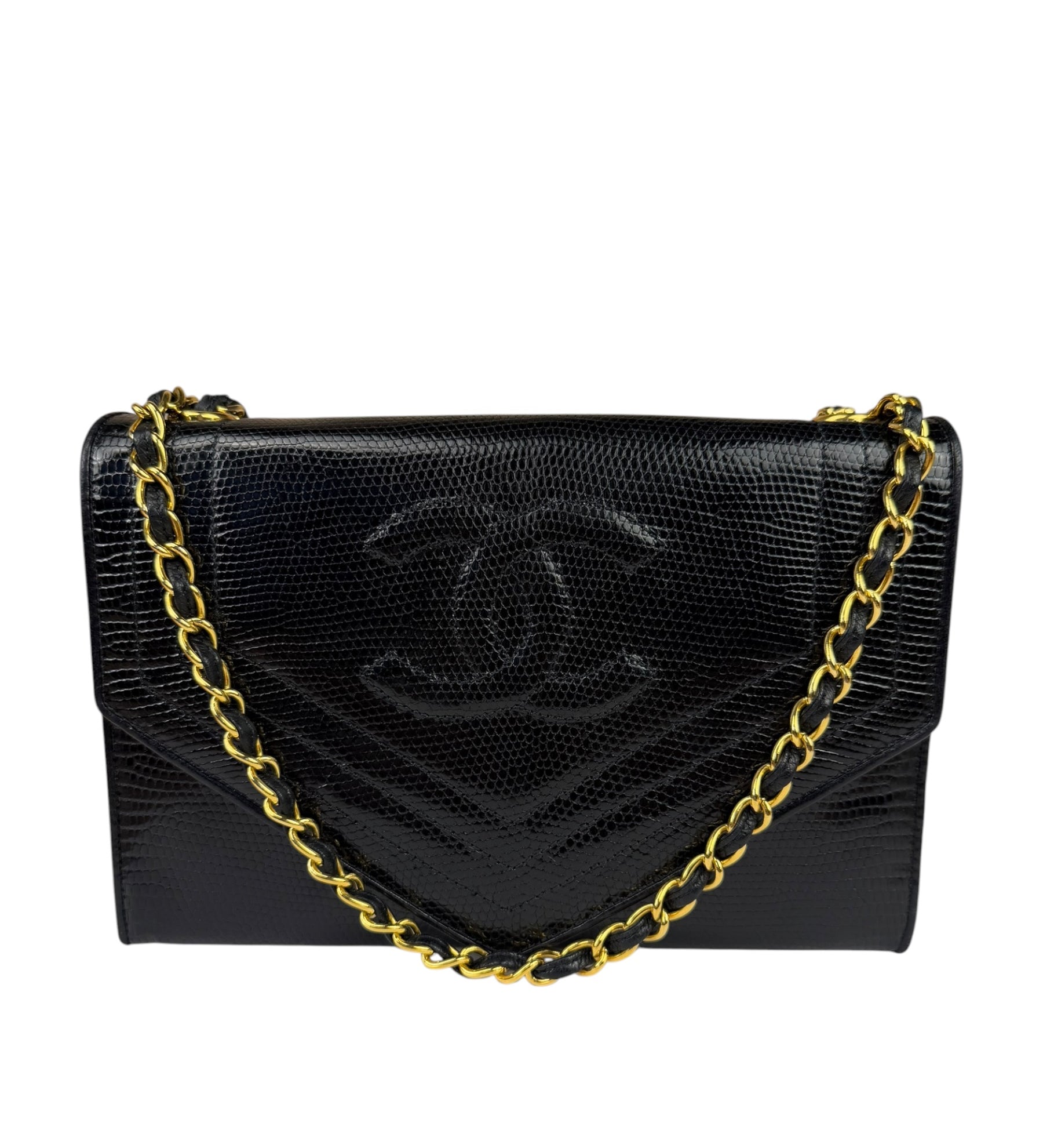 Chanel Black Lizard Leather Envelope Flap Bag 1986