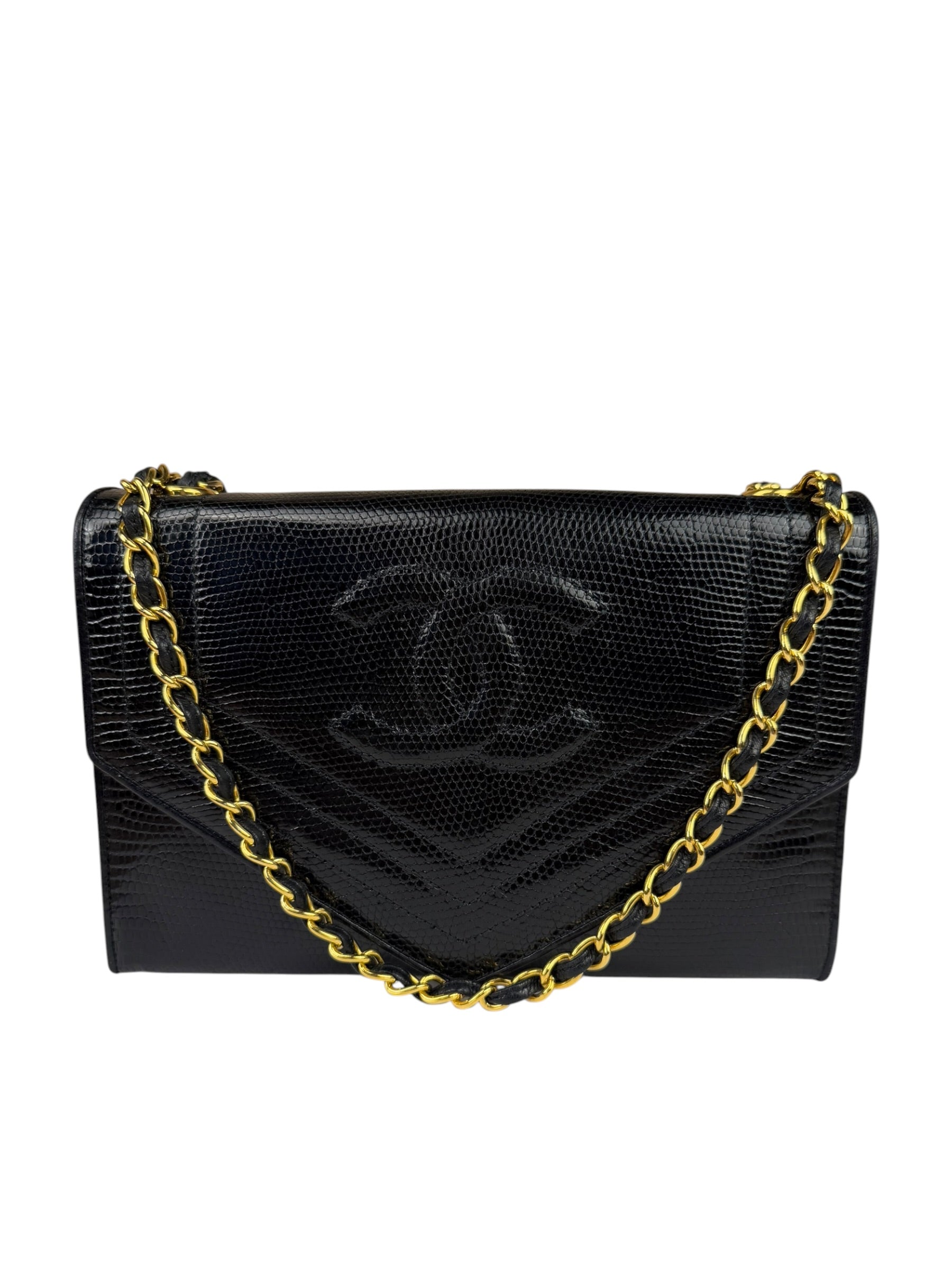 Chanel Black Lizard Leather Envelope Flap Bag 1986