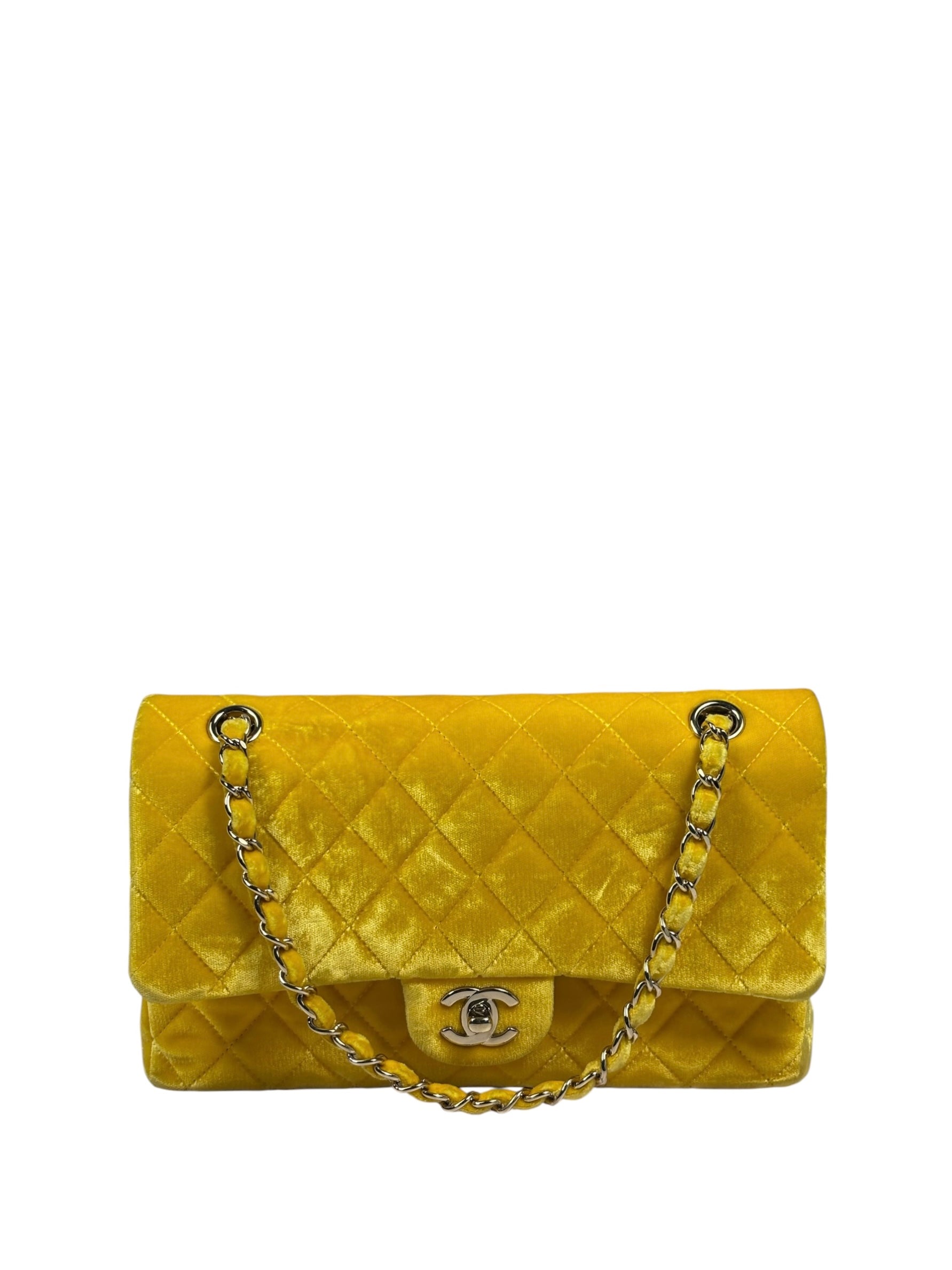 Chanel Yellow Quilted Velvet/Leather Double Flap Bag 2015