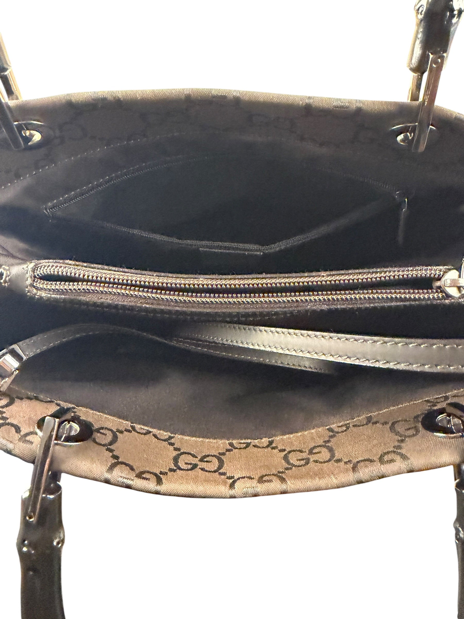 Gucci Brown Nylon Leather Trim Canvas Monogram Bamboo Two-Way Bag