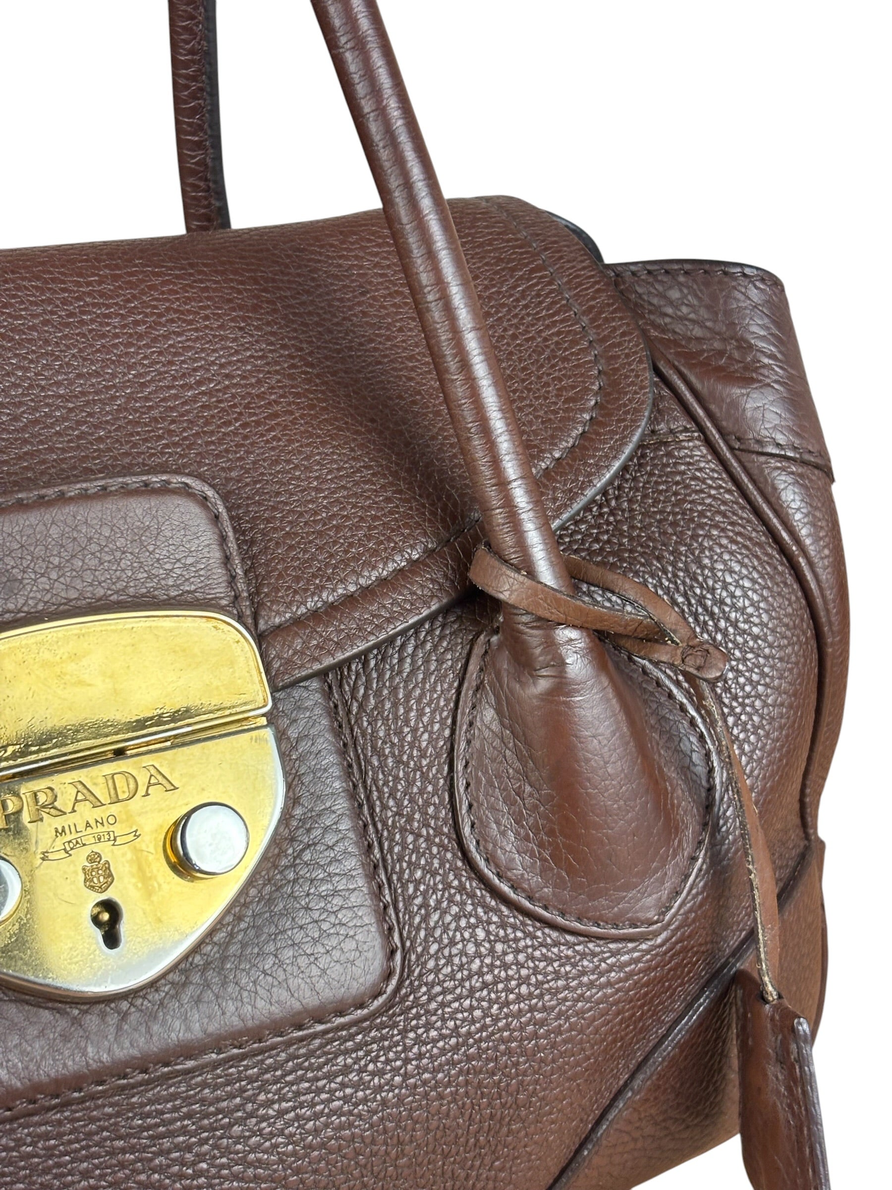 Prada Rich Brown Vitello Daino Sound Lock Satchel Shoulder Bag