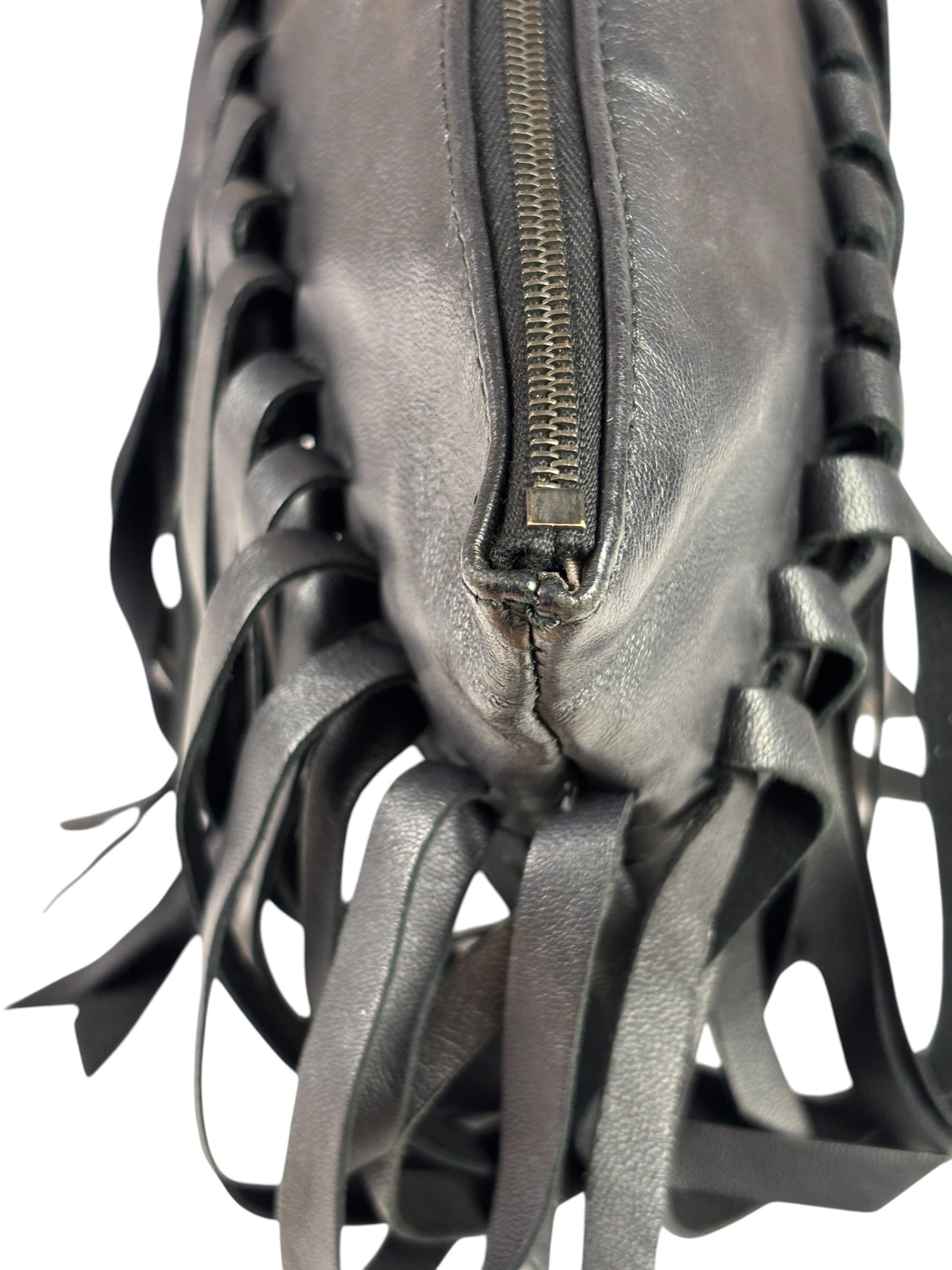 Bottega Veneta Black Leather Intercciato Woven Fringe Wristlet