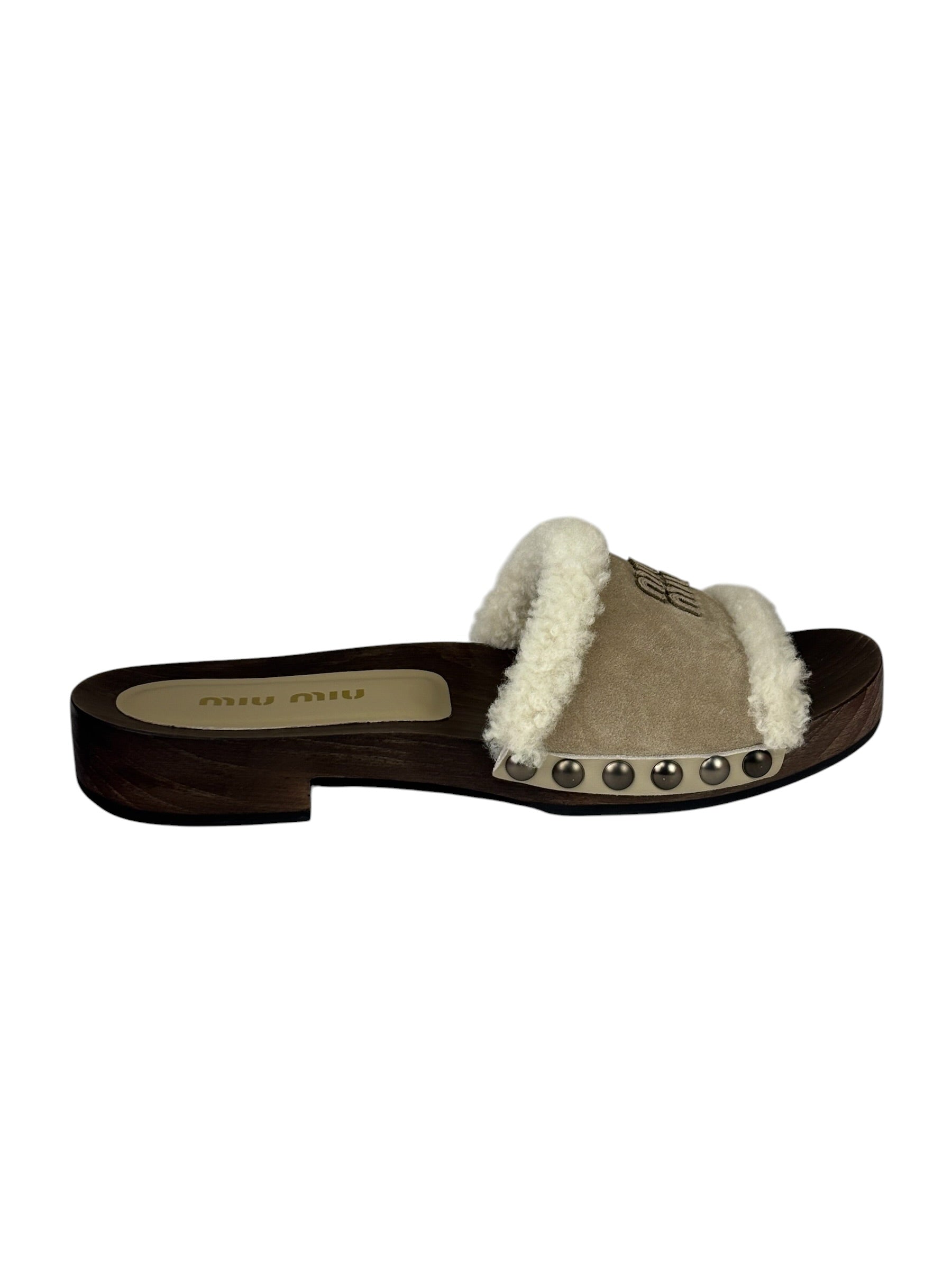 Miu Miu Suede Lining Dyed Sheep Fur Wooden Sandals