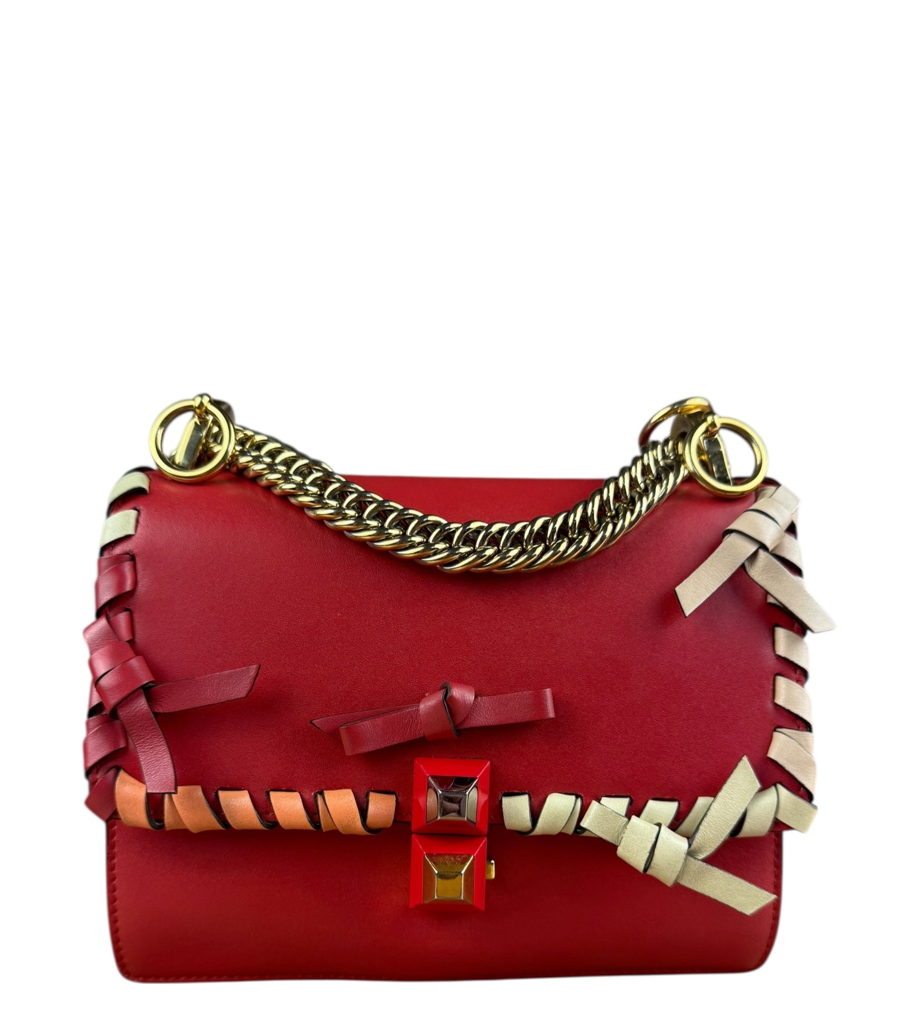 Fendi Kan I Red Leather Chain 2Way Handbag