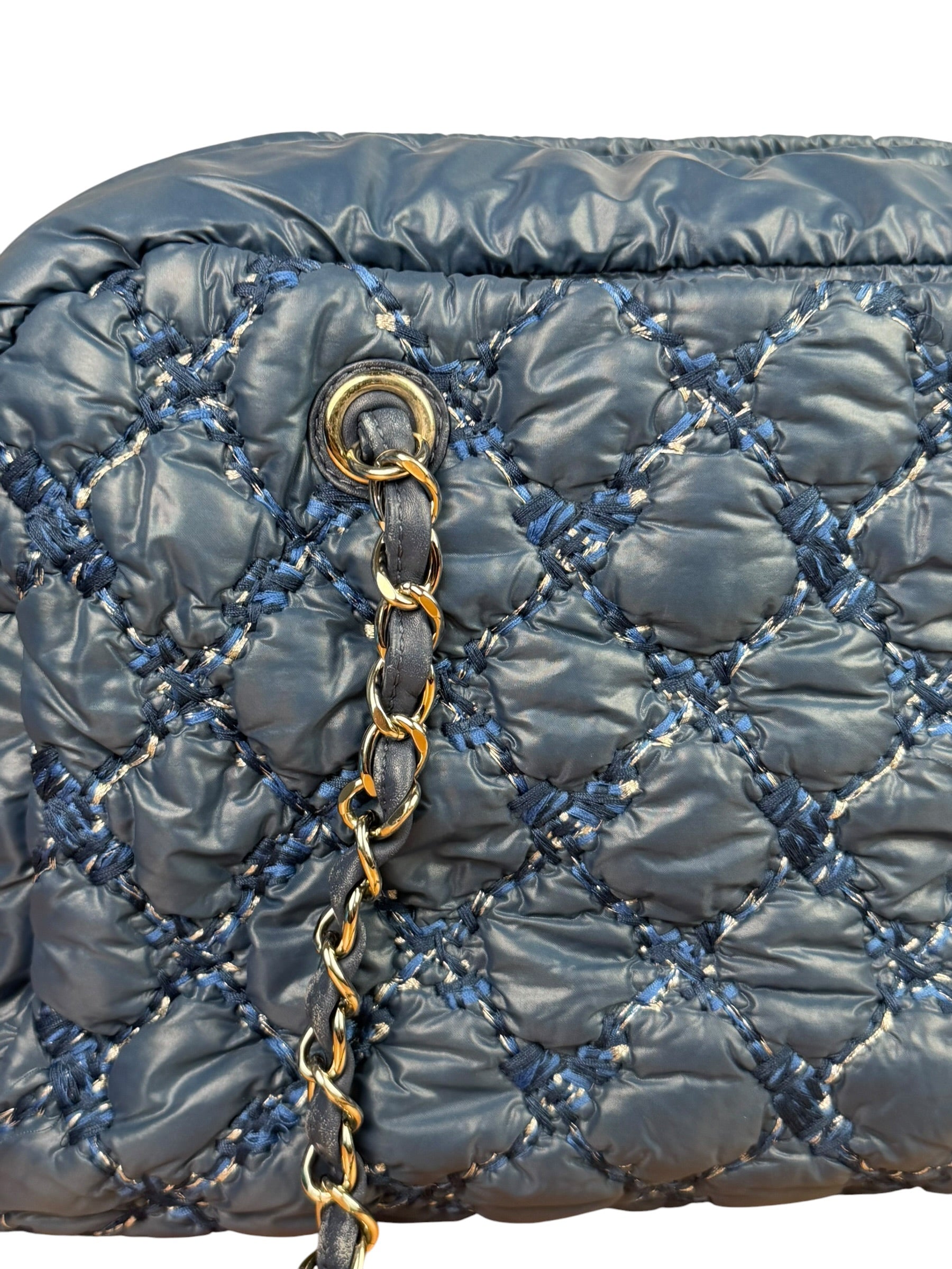 Chanel Blue Leather Trim/Nylon Tweed Stitch Puffer Chain Shoulder Bag 2010