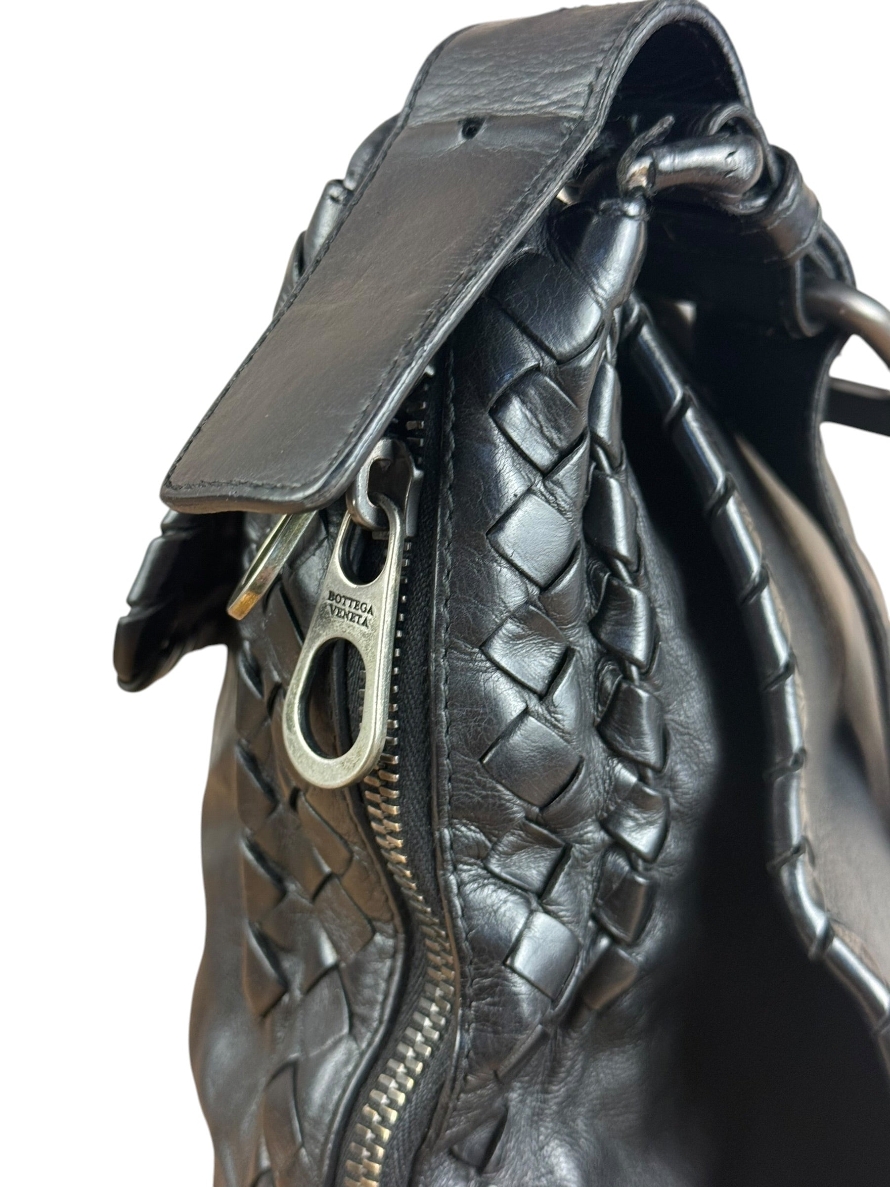 Bottega Veneta Black Intrecciato Leather Flap Messenger Bag