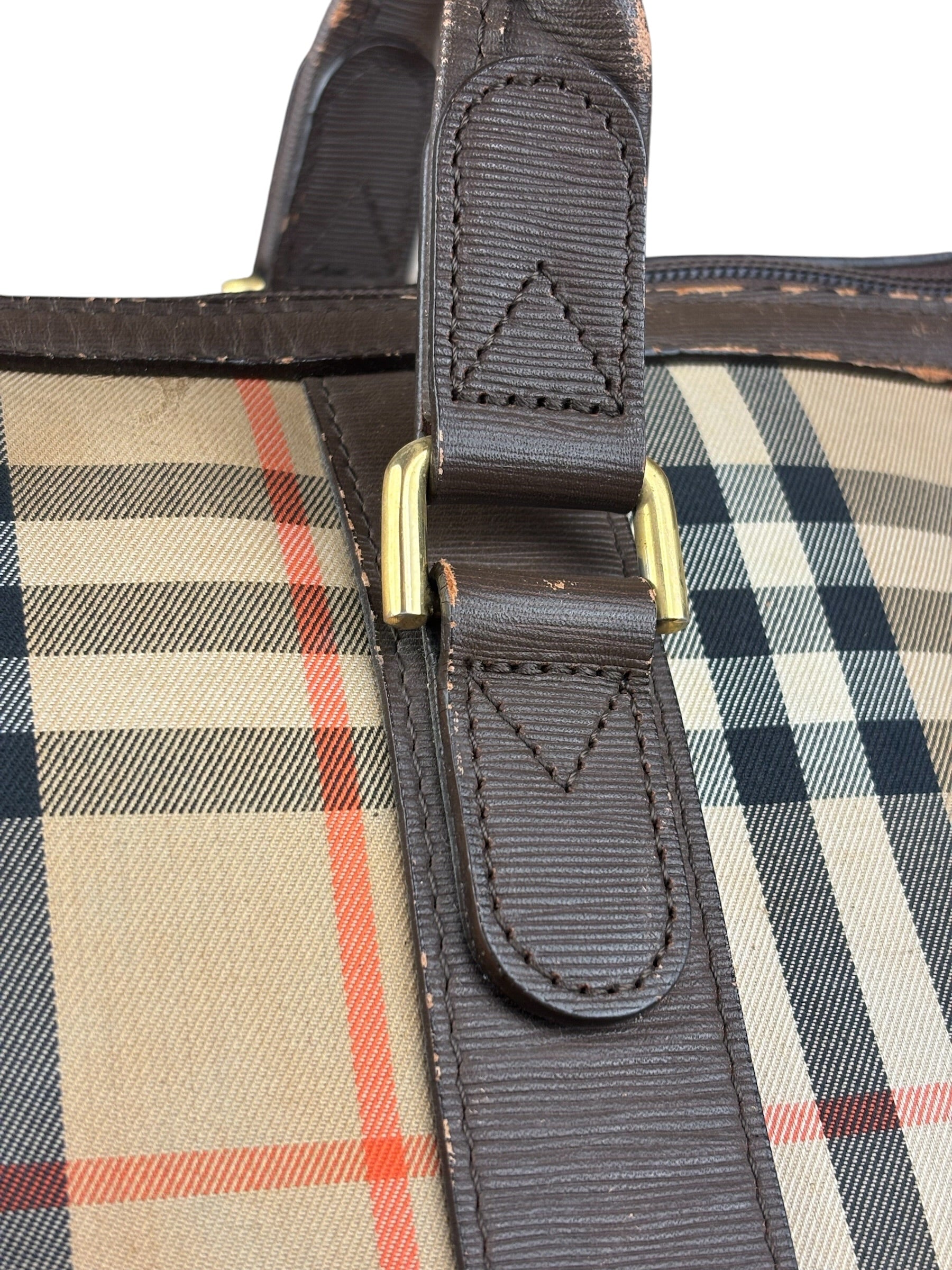 Burberry Leather House Check Boston Duffle Bag