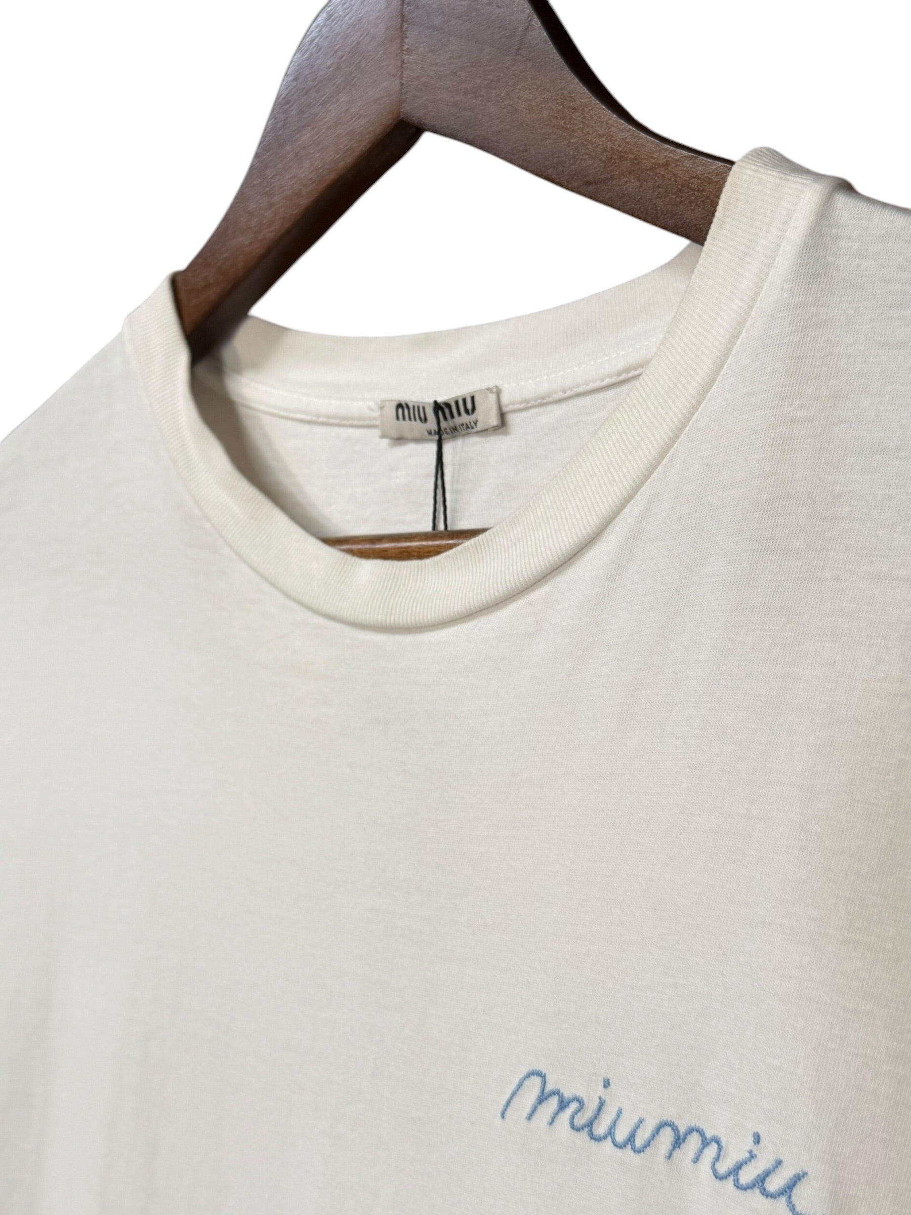 Miu Miu White Blue Embroidered Logo T-Shirt