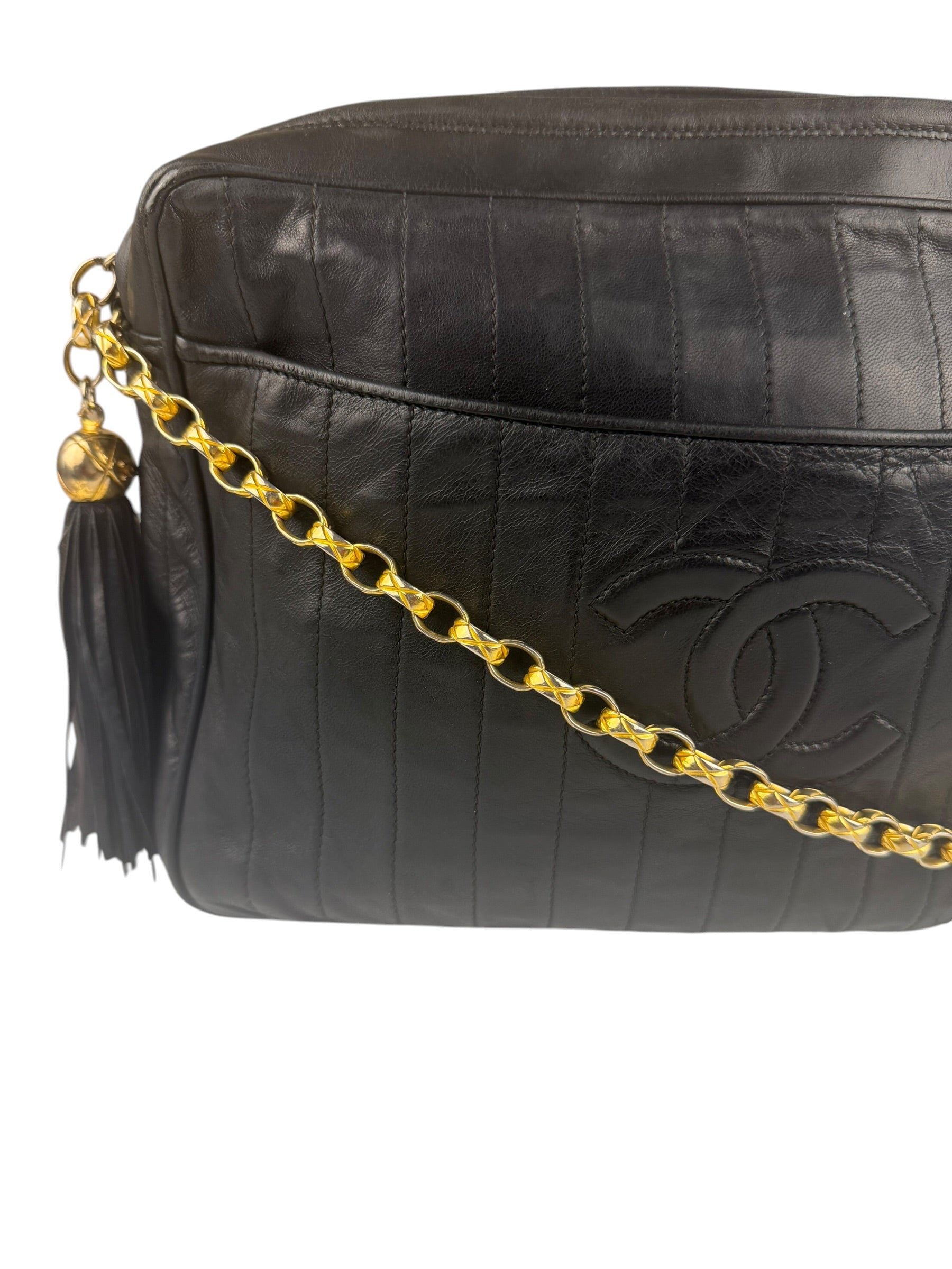 Chanel Vintage Black Leather Mademoiselle Vertical Quilted Shoulder Bag 1990's