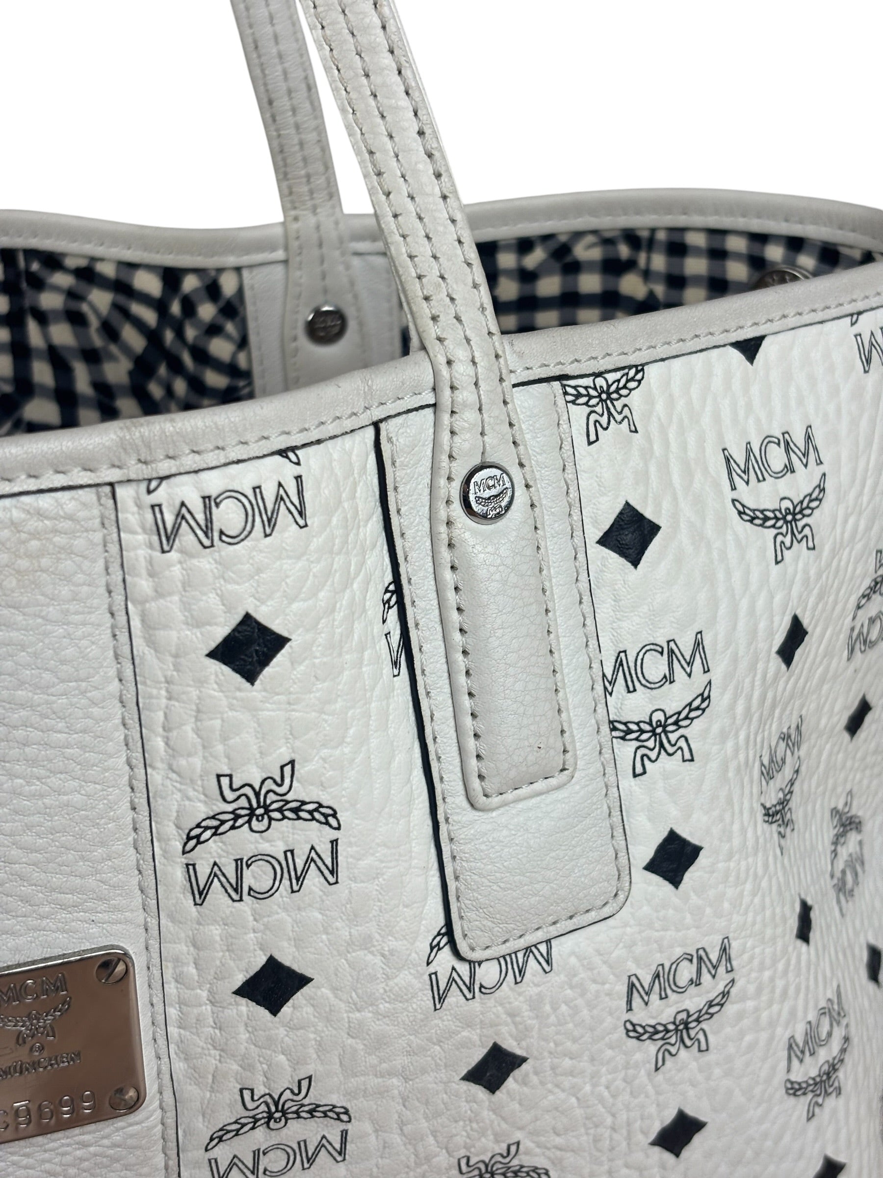 MCM White Leather Reversible Liz Shopper In Visetos Tote Bag