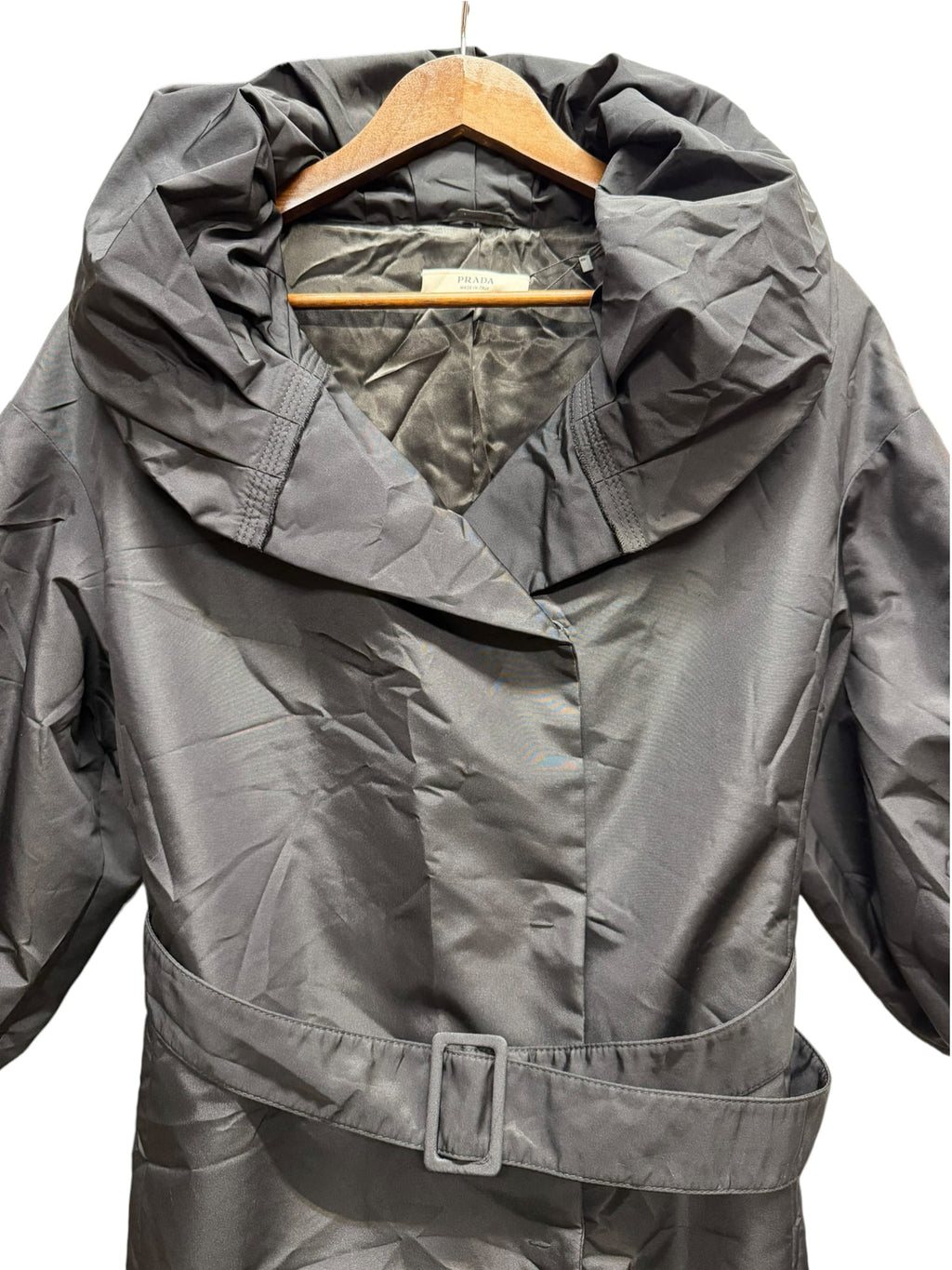 Prada Black Nylon Belted Hooded Trench Short Sleeves Coat