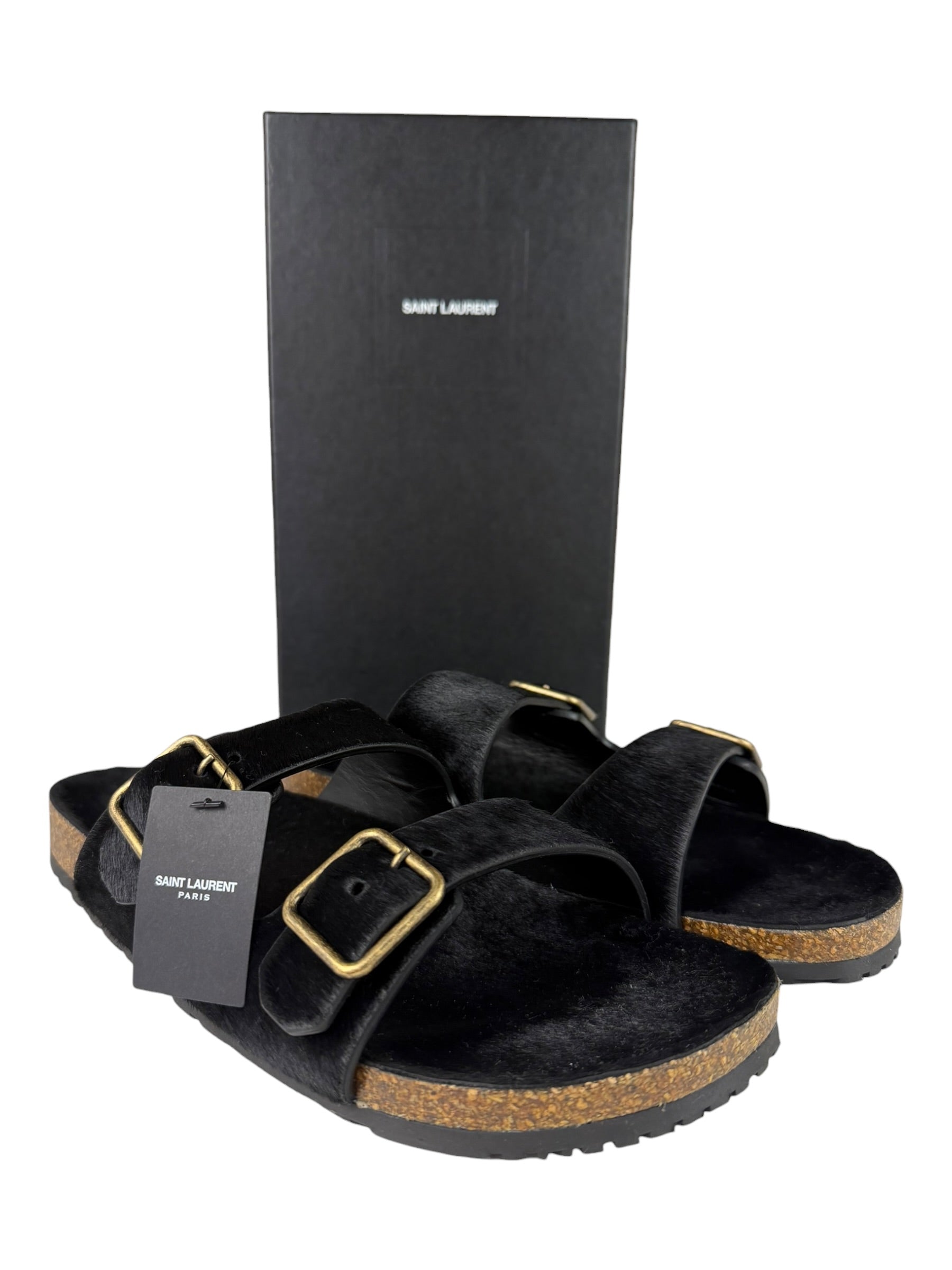 Yves Saint Laurent Black Jimmy Pony Hair Falt Sandal