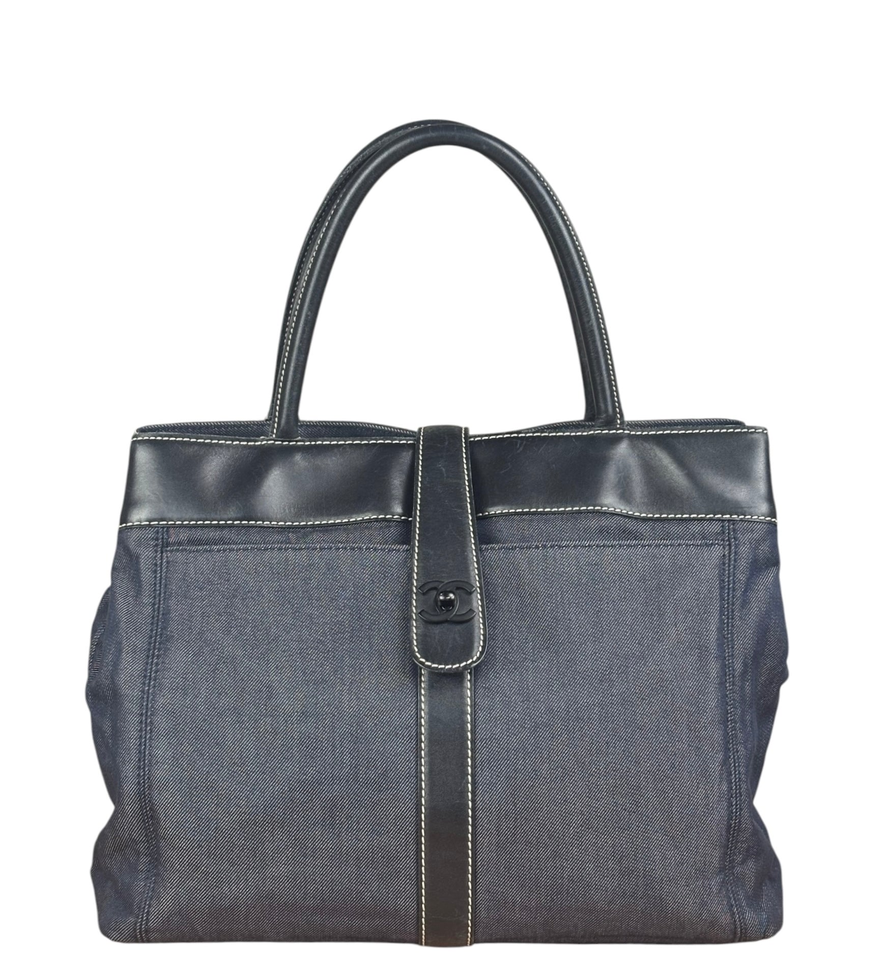 Chanel Vintage Denim/Black Leather CC Turn-Lock Tote Bag 2001