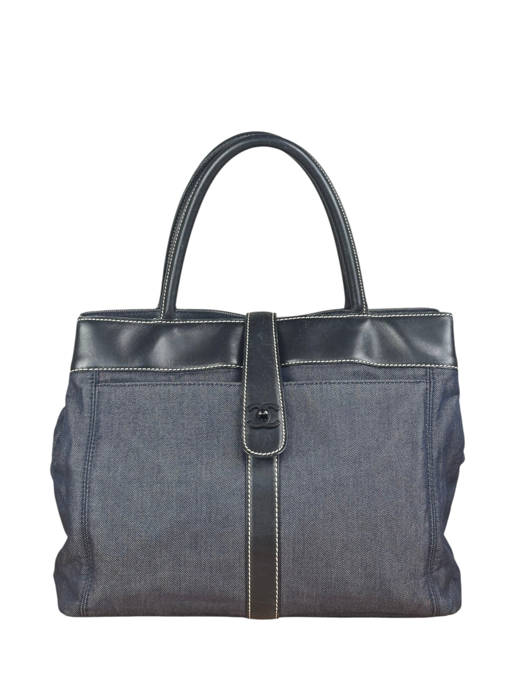 Chanel Vintage Denim/Black Leather CC Turn-Lock Tote Bag 2001
