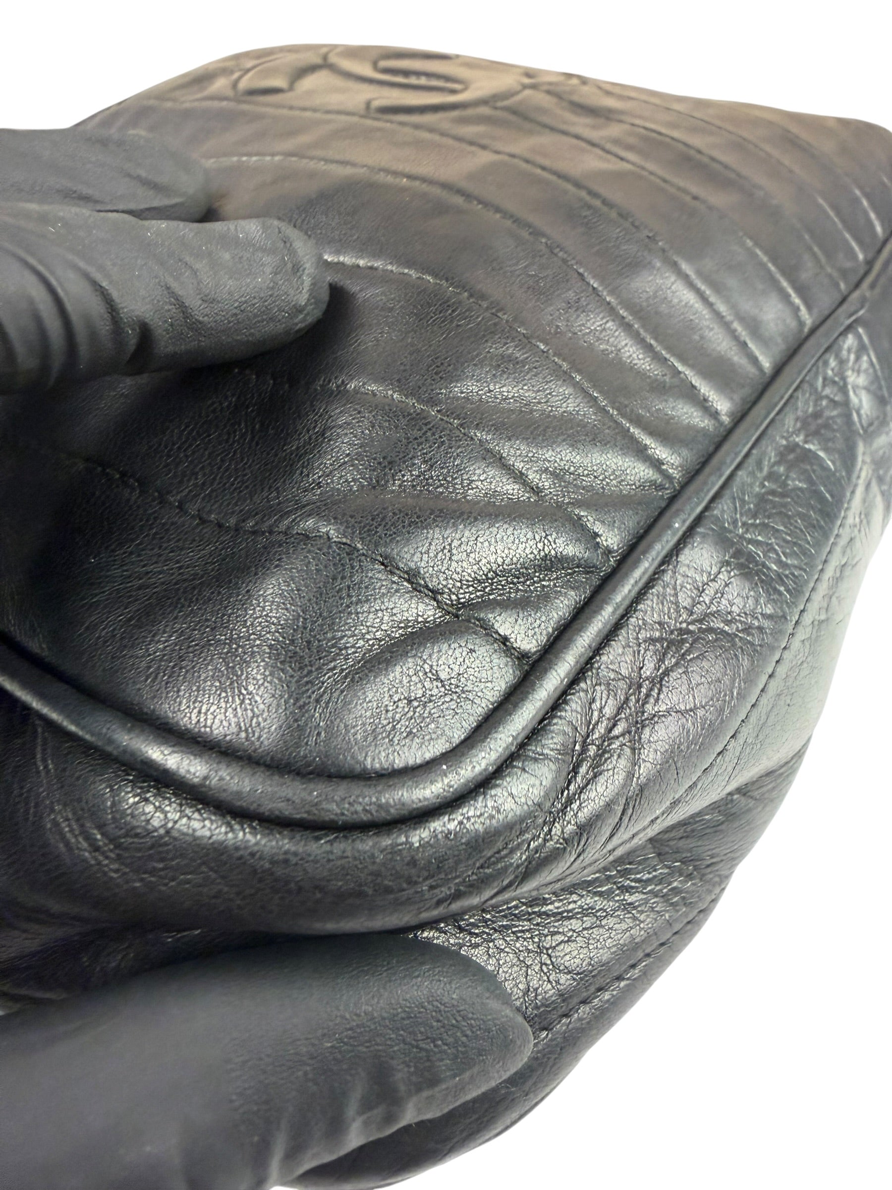 Chanel Vintage Black Leather Mademoiselle Vertical Quilted Shoulder Bag 1990's