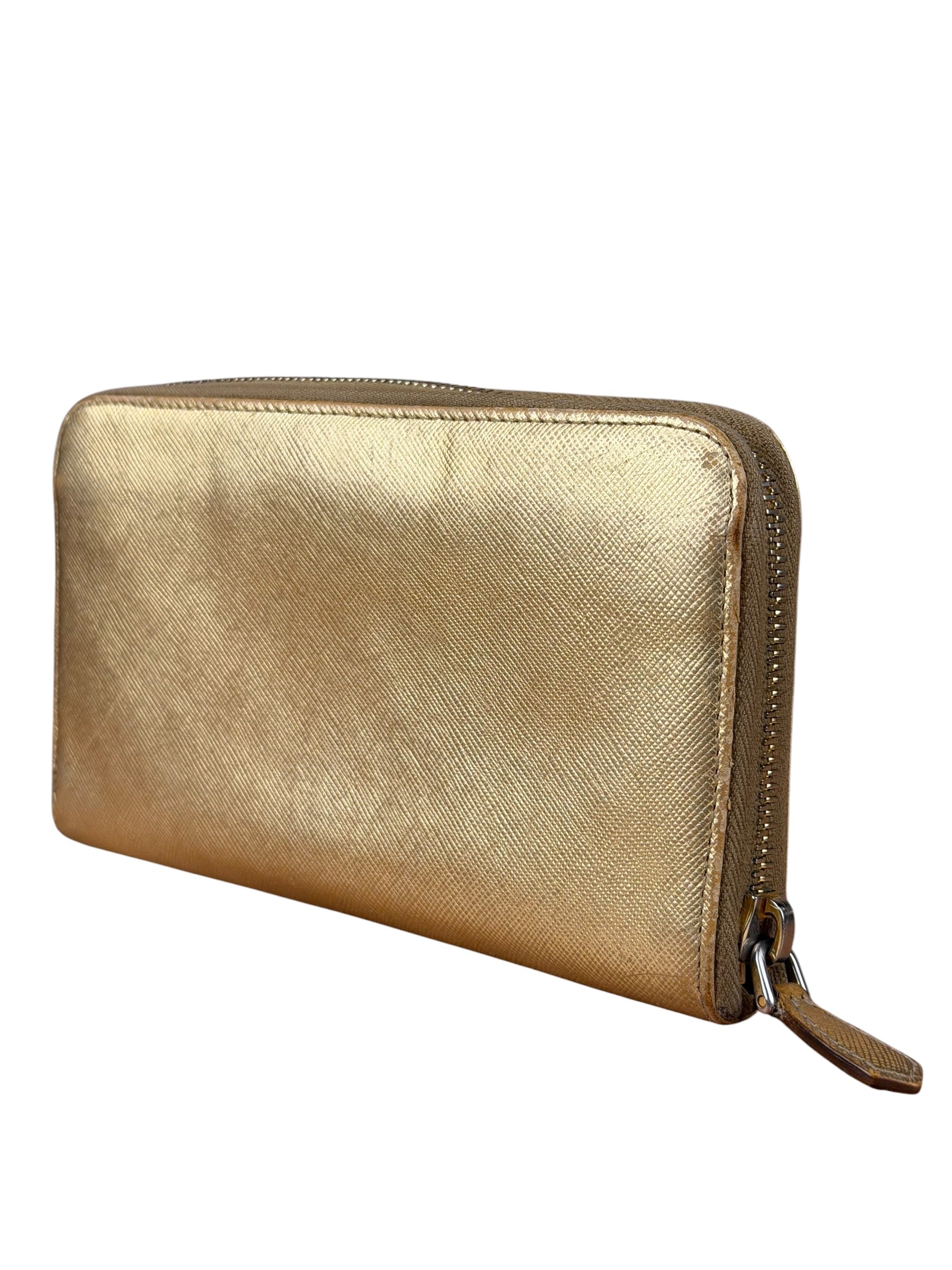 Prada Metallic Gold Saffiano Leather Zip-Around Wallet