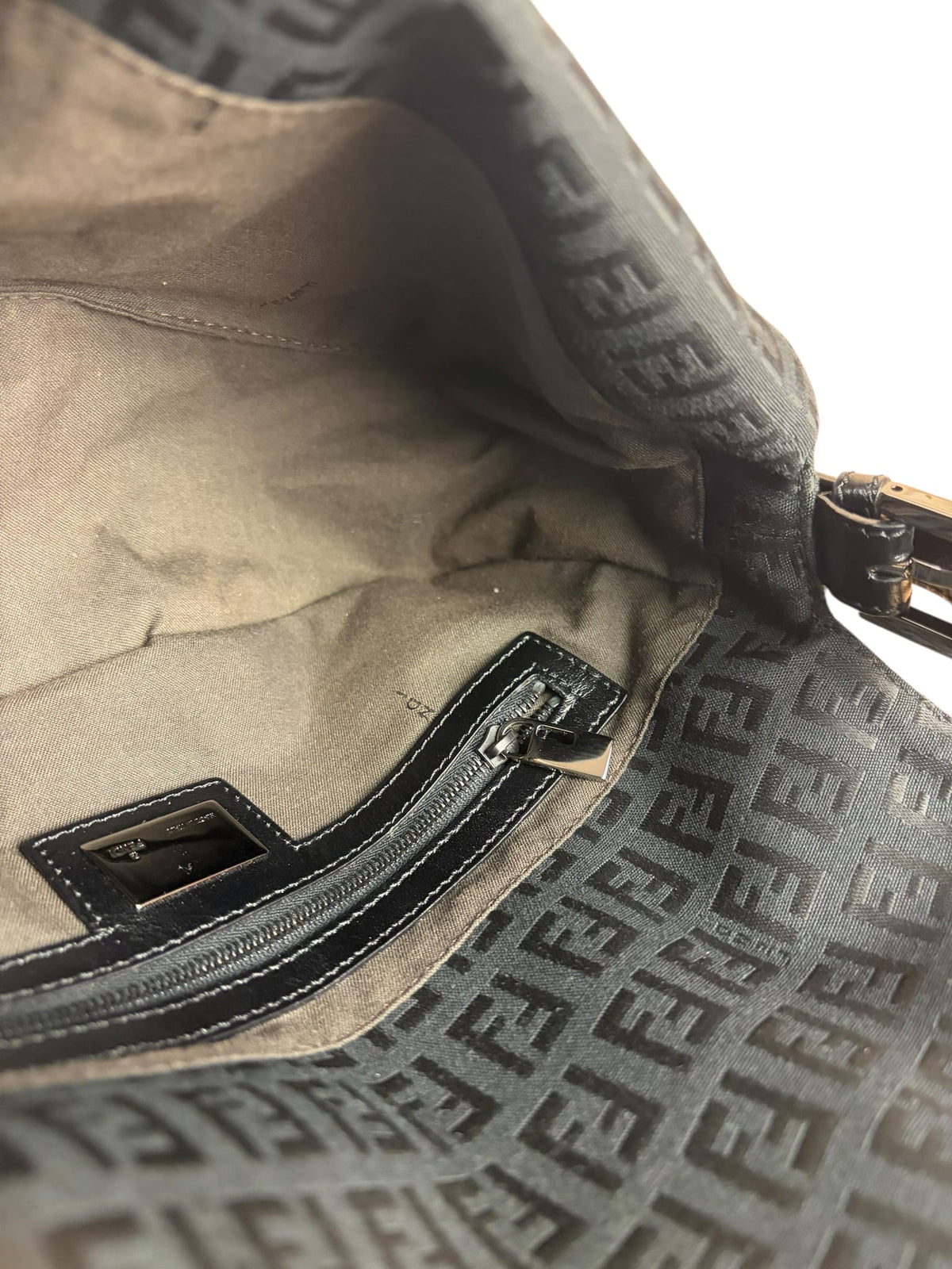 Fendi Black Leather Trim Zucca Baguette