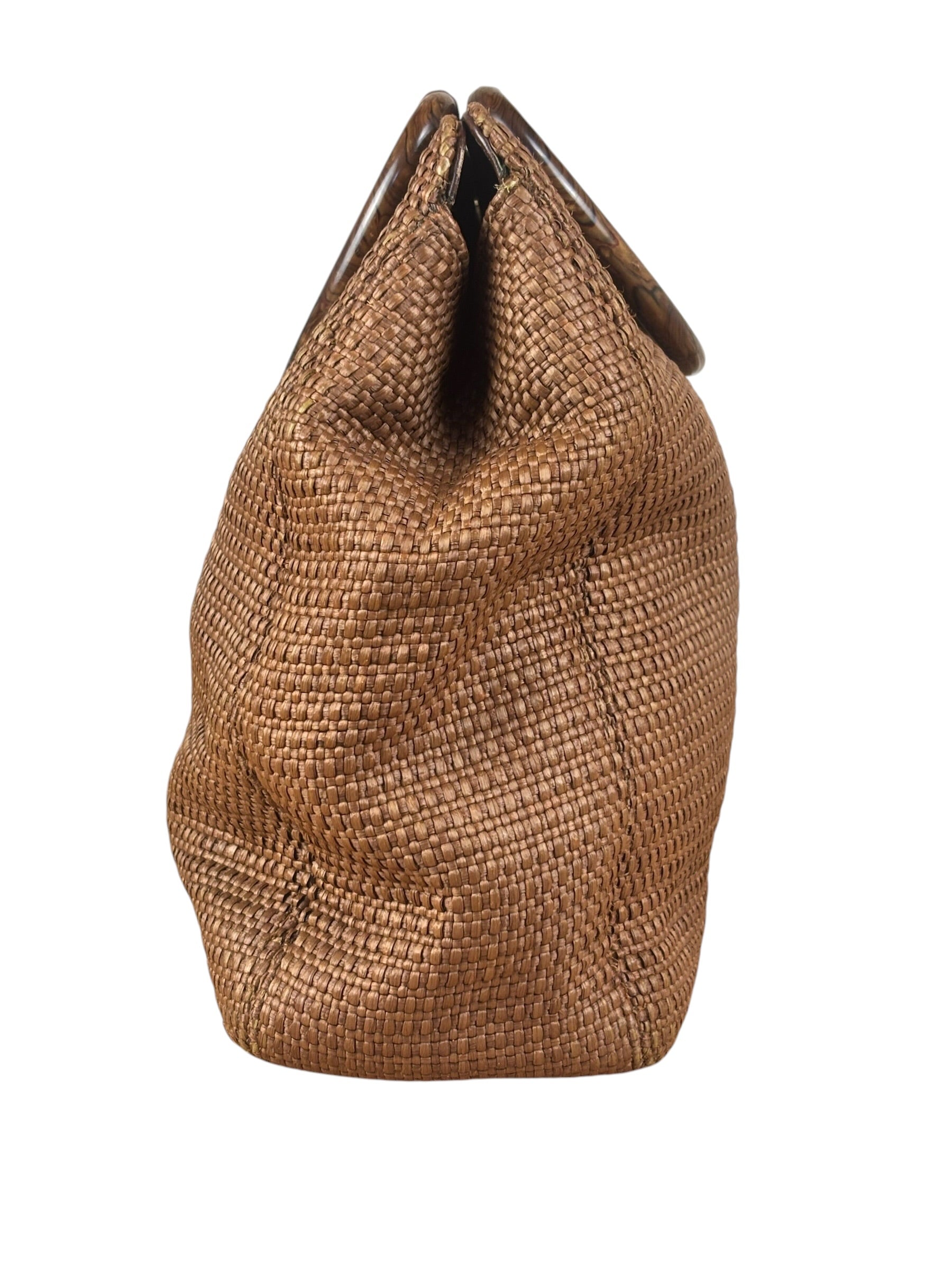 Chanel Vintage Brown Woven Straw Raffia Wooden Top Handle Handbag 2001