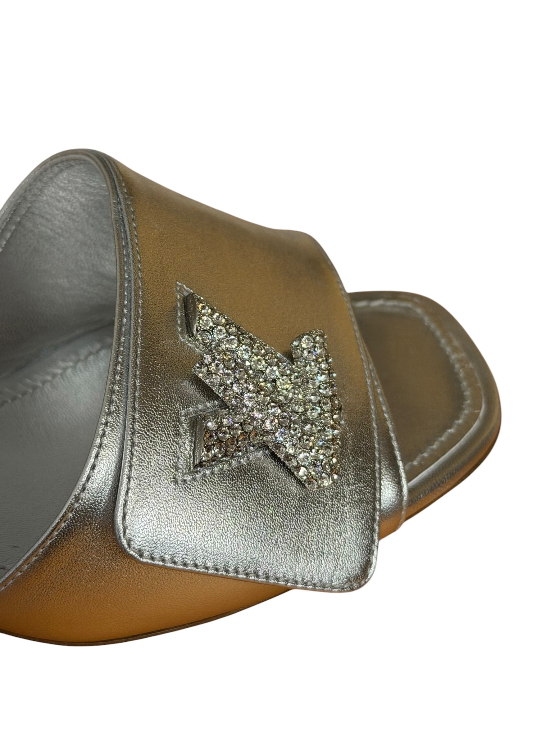 Louis Vuitton Silver Leather Shake Mules LV Crystal Embellished