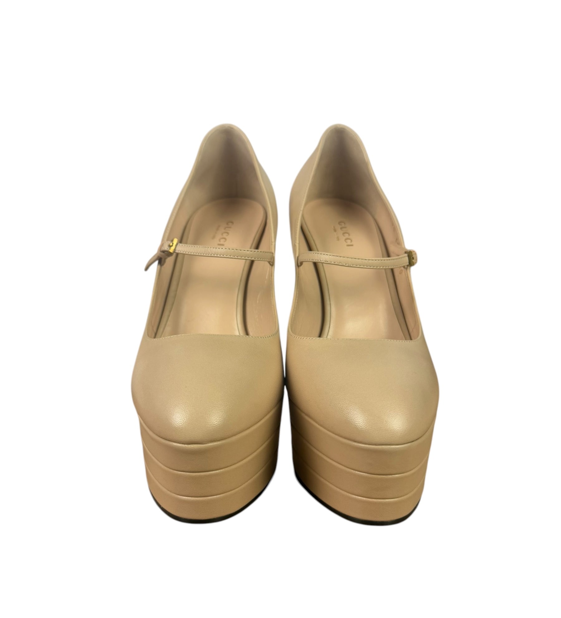 Gucci Beige Plato Malaga Leather Platform Mary Jane Pump
