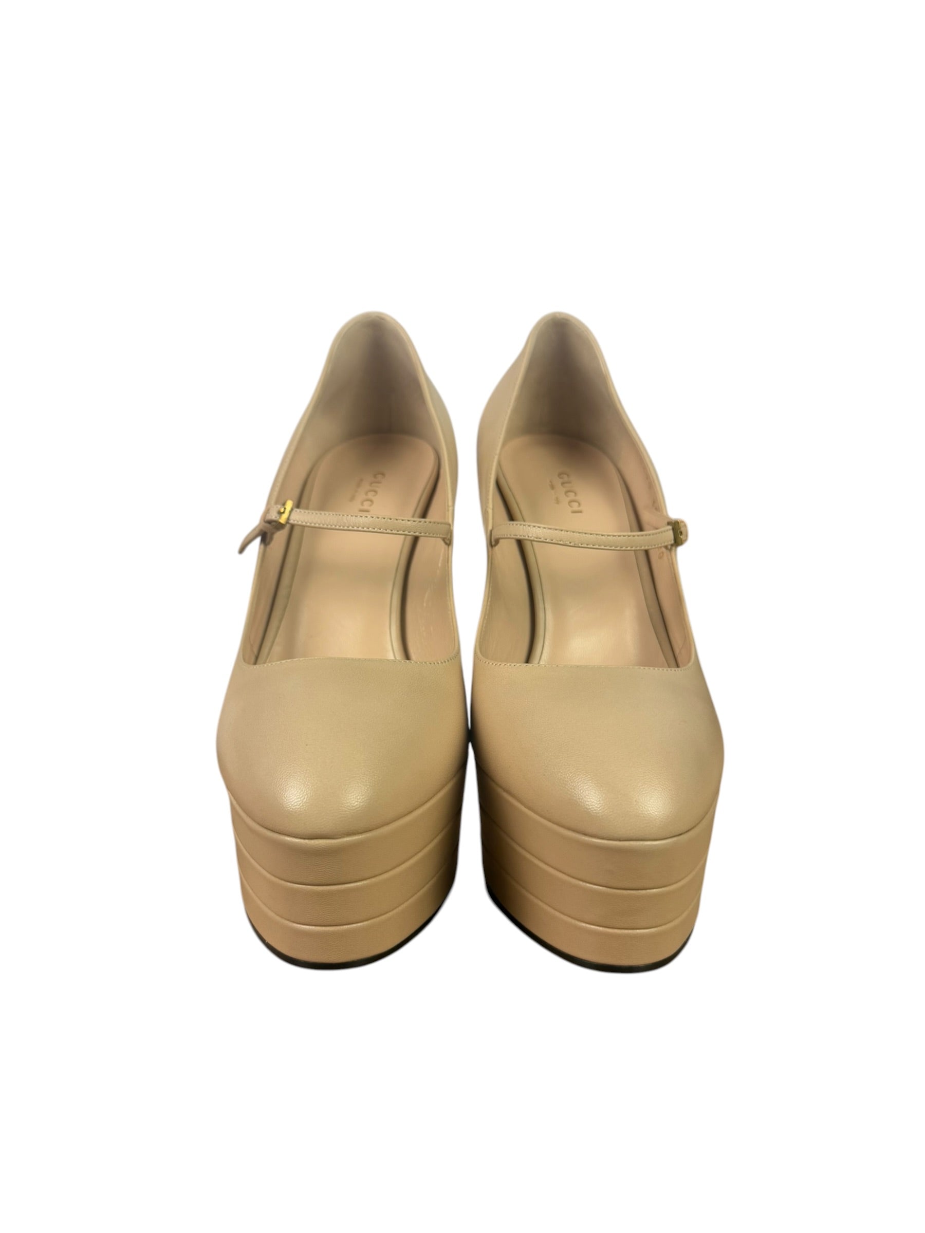 Gucci Beige Plato Malaga Leather Platform Mary Jane Pump