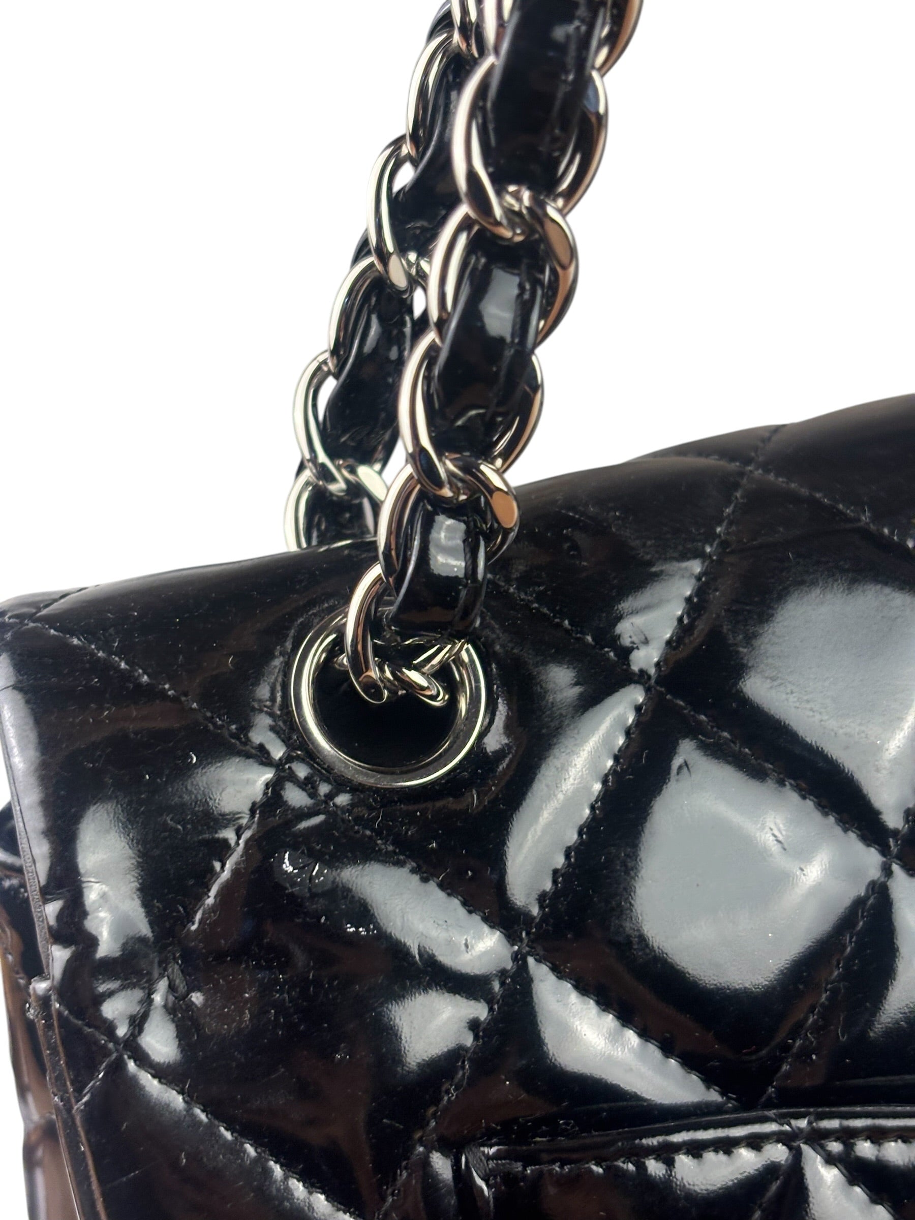 Chanel Black Patent Leather Quilted Leather Double Flap Jumbo Bag 2012