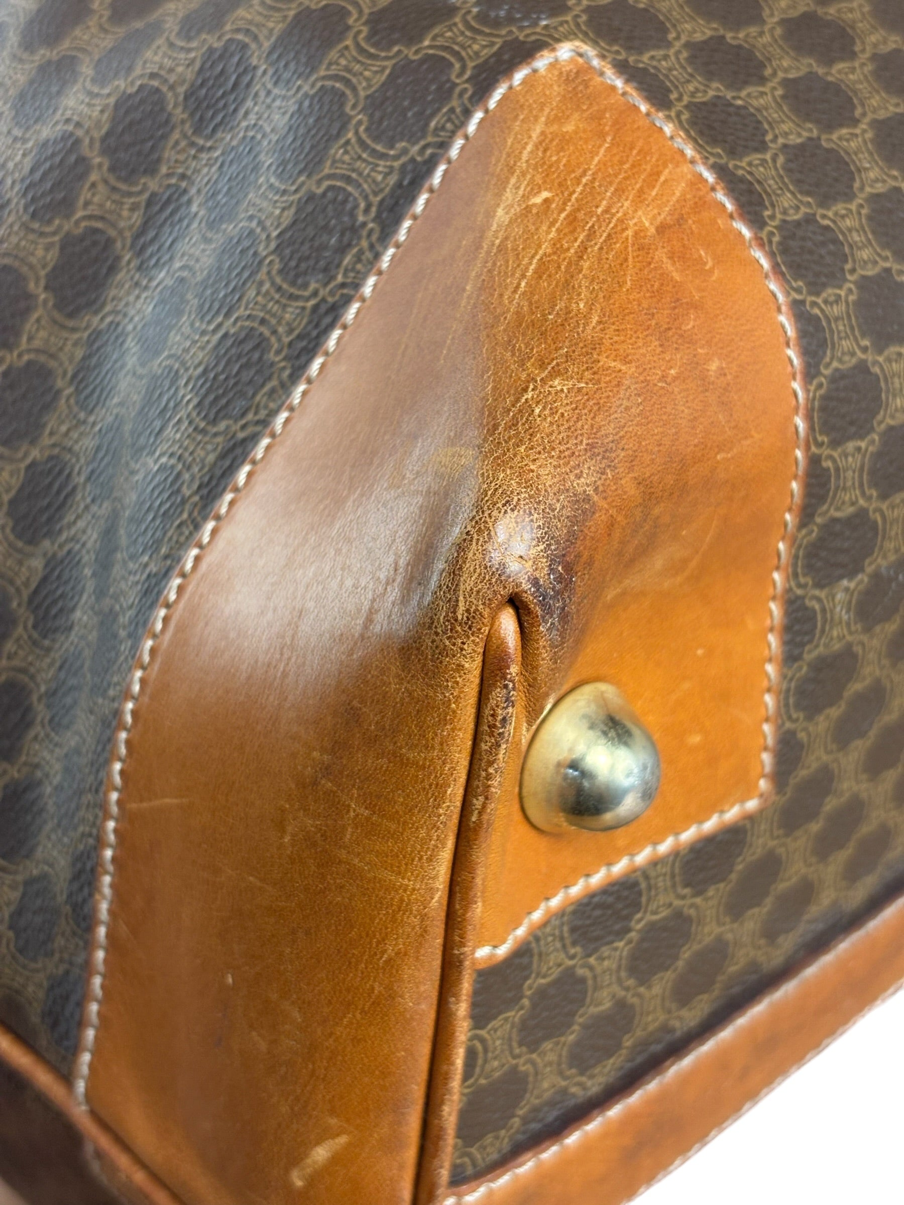 Celine Brown Leather Canvas Macadam Travel Handbag