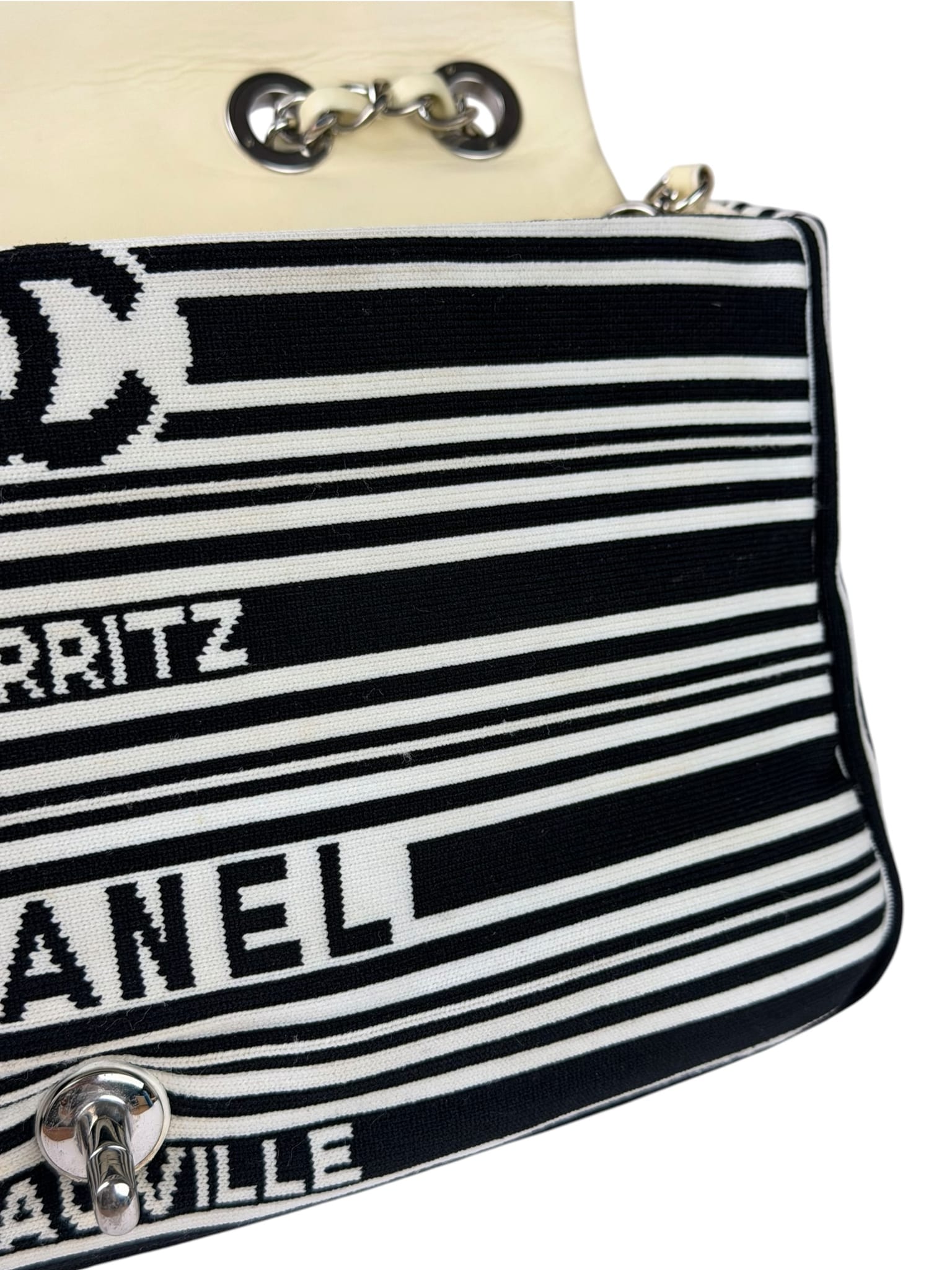 Chanel Black/White Leather Trim/Cloth Venise Biarritz Flap Bag 2019