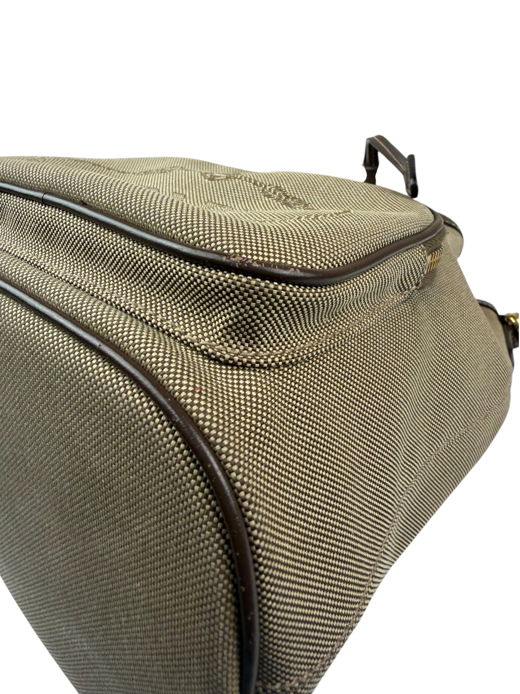Prada Tan Beige Leather Trim Jaquard Canvas Bucket Bag