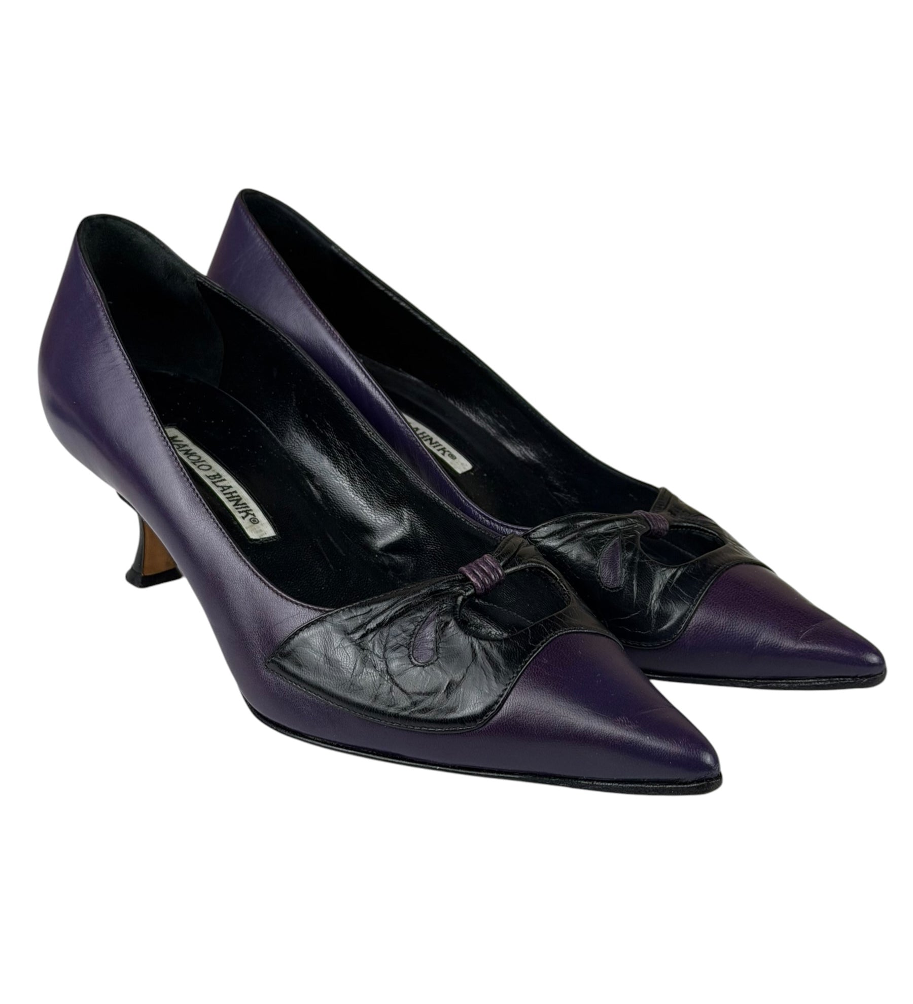 Manolo Blahnik Purple/Black Bow Kitten Heels