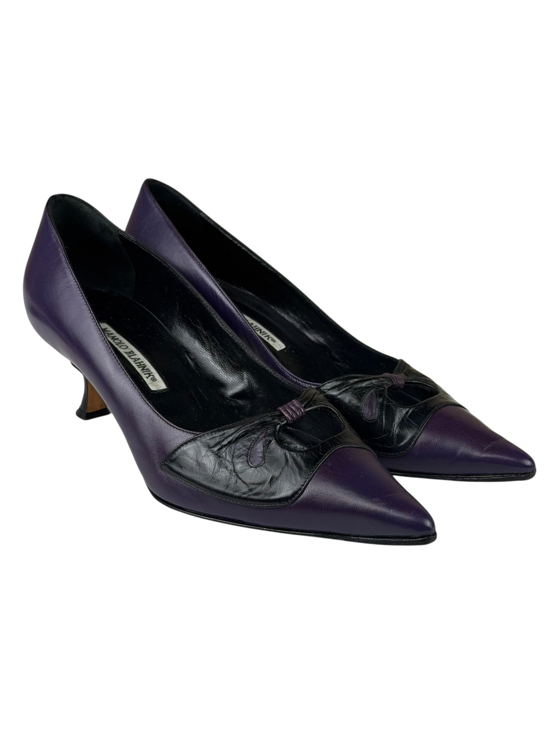 Manolo Blahnik Purple/Black Bow Kitten Heels