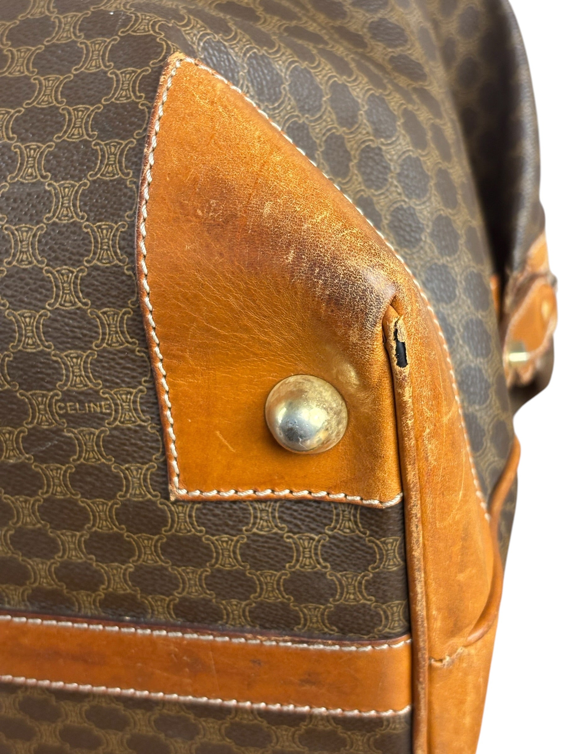 Celine Brown Leather Canvas Macadam Travel Handbag