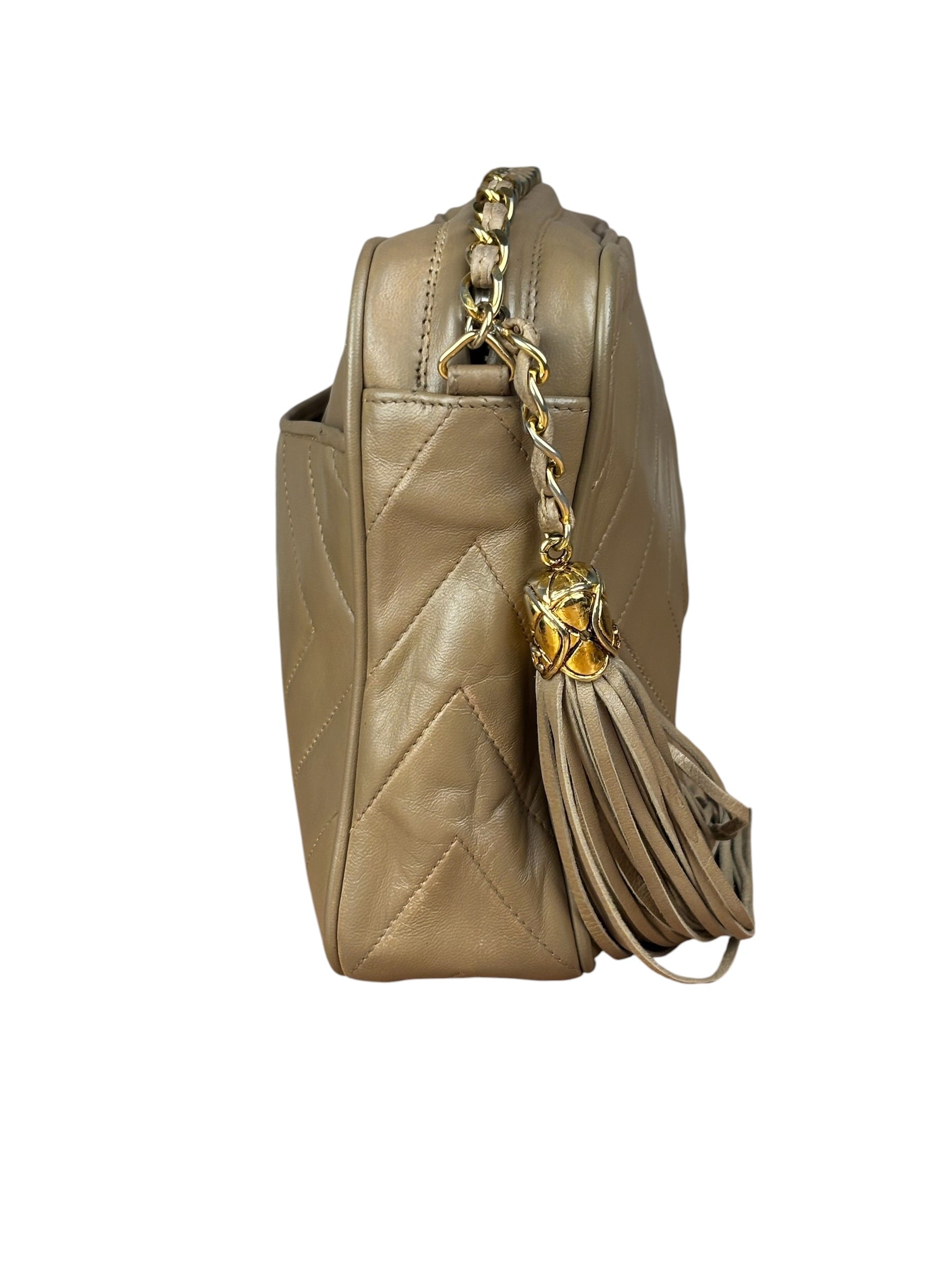 Chanel Tan Beige Chevron Leather Camera Case