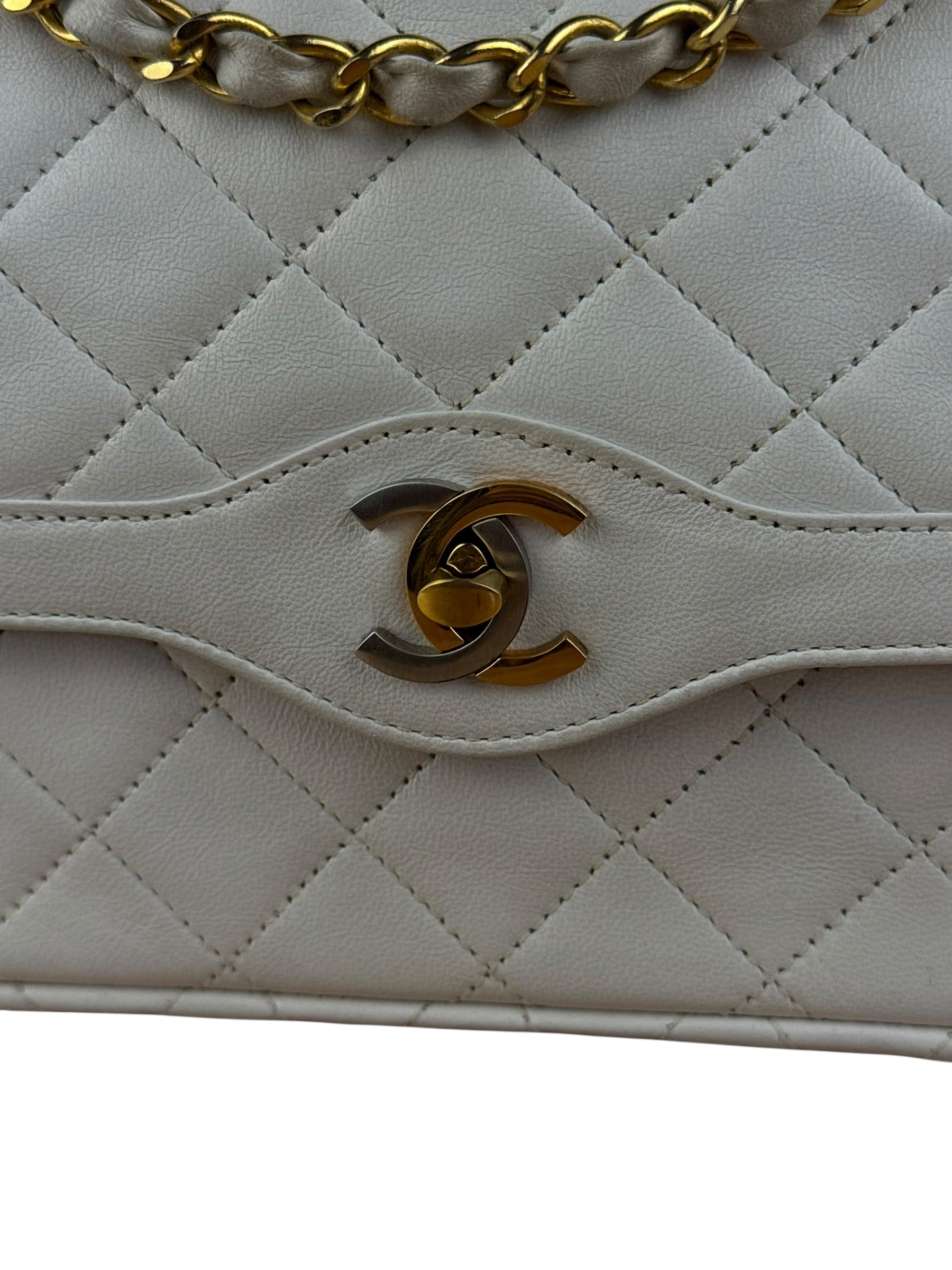 Chanel CC White Quilted Double Flap Bag 1988