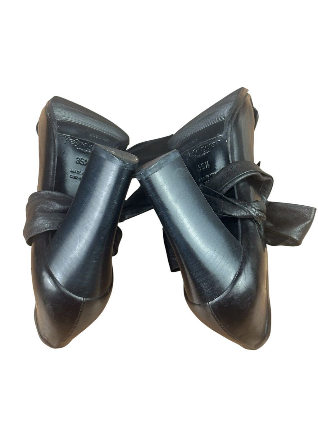 Yves Saint Laurent Black Leather Open Toe Ankle Wrap Pumps
