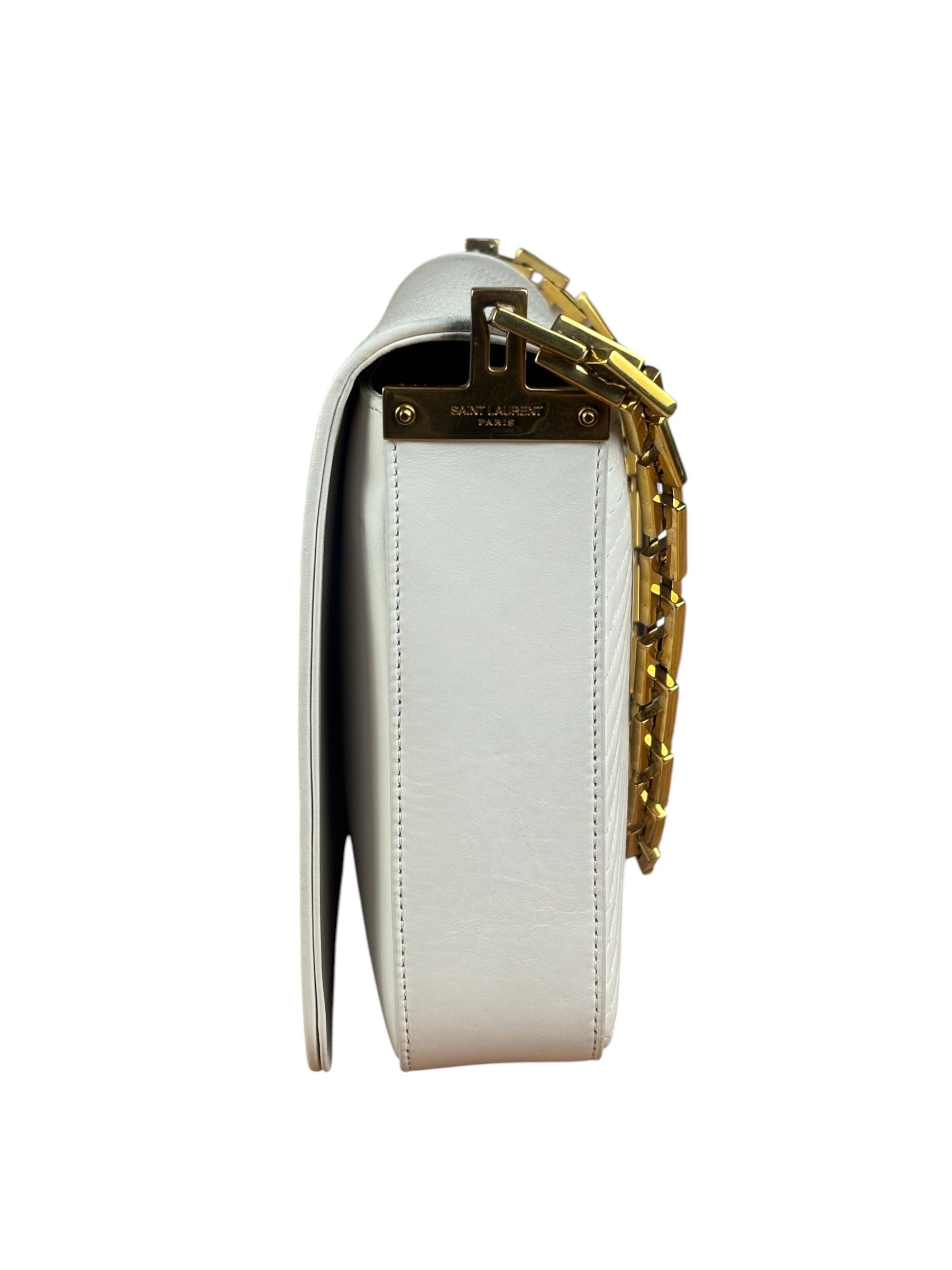 YSL White Chevron Quilted Babylone Chain Flap Shoulder Bag
