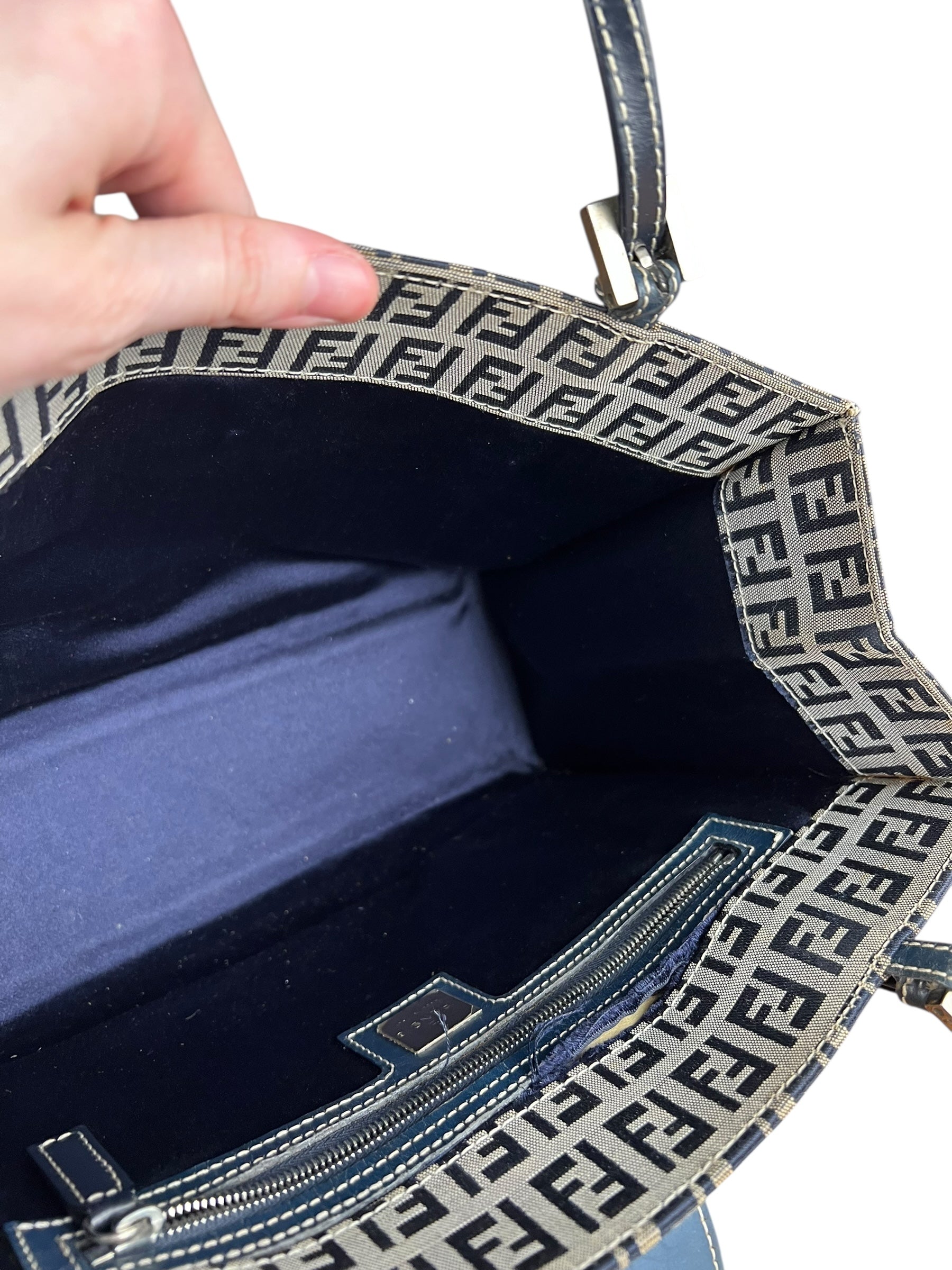 Fendi FF Buckle Navy Zucca Tote Handbag